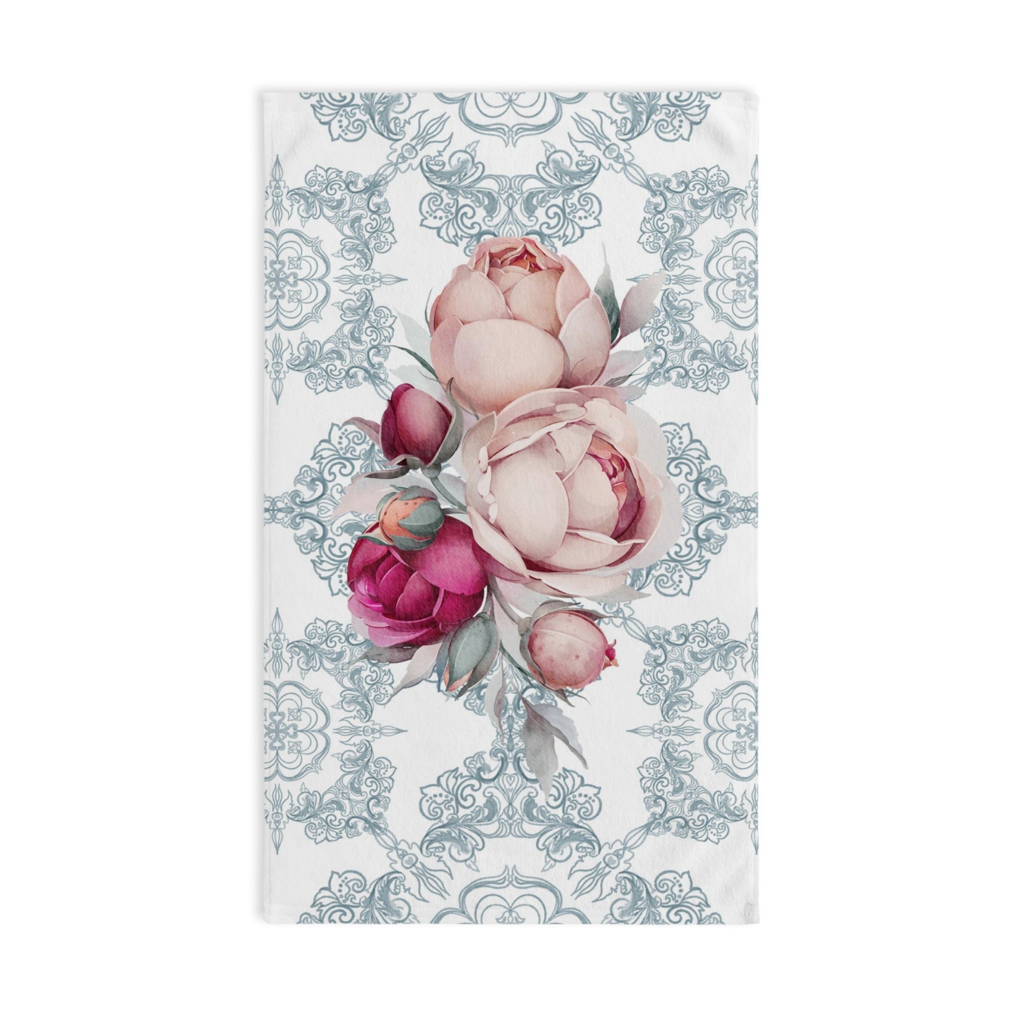 Kitchen, Bath Hand Towel | Amalfi Coast, Blue White, Tiles, Pink Peonies