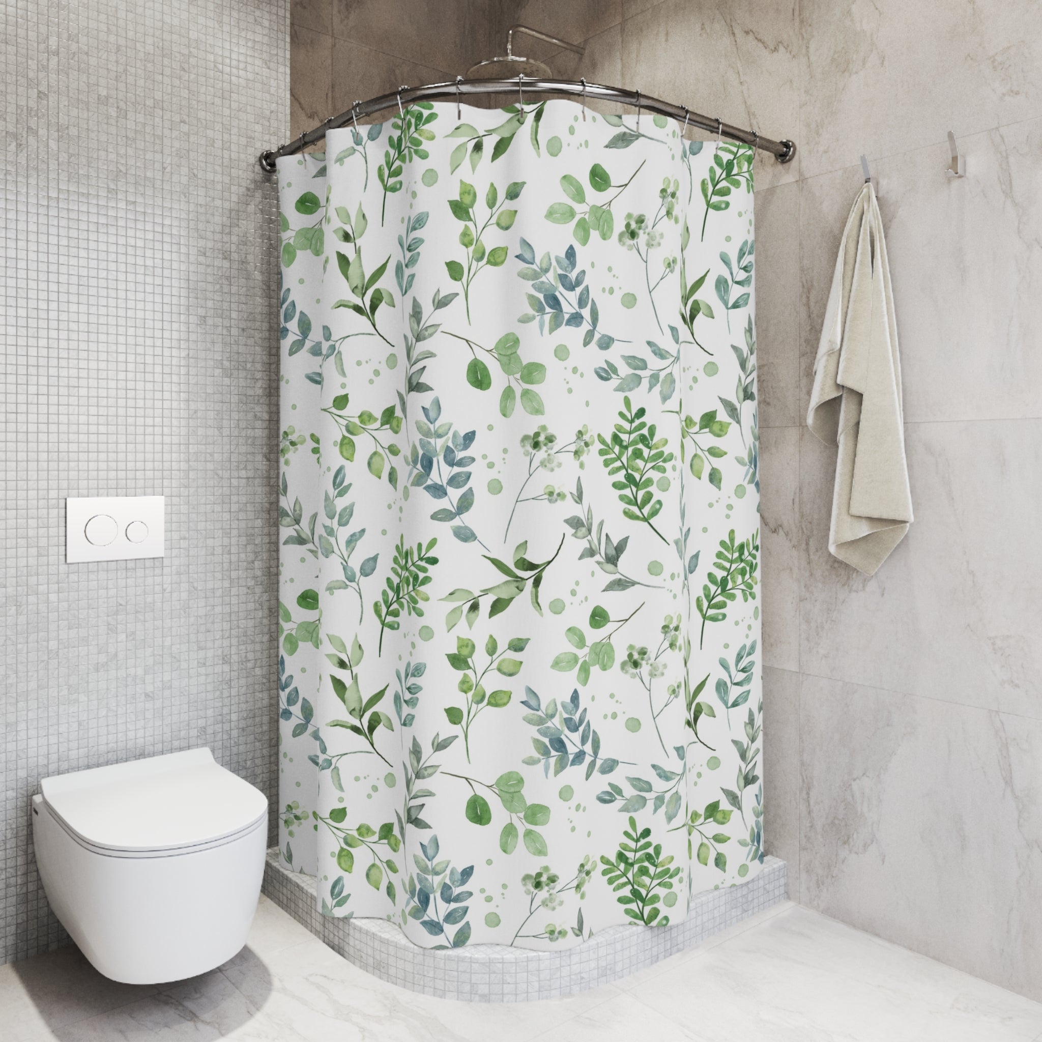 Boho Leaves Shower Curtain | Green Blue White Floral