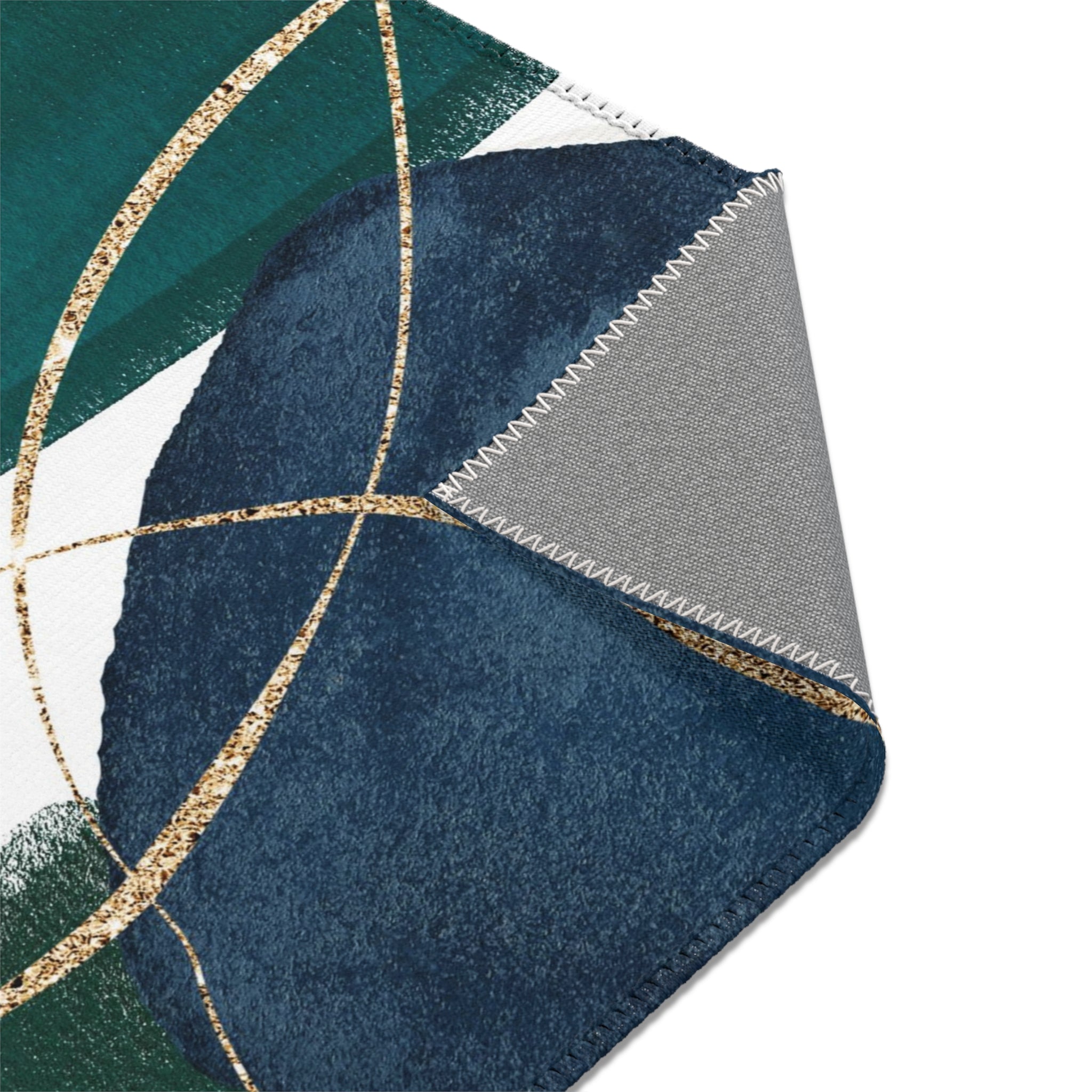 Abstract Boho Area Rug | Navy Blue, Emerald Green, Gold Minimalist