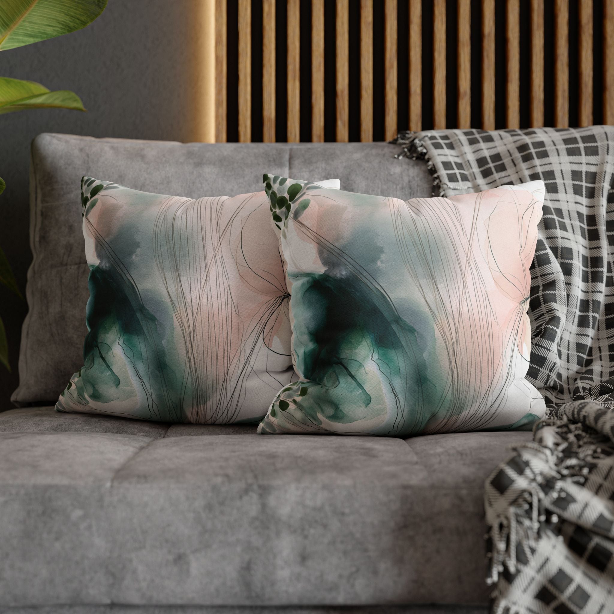 Japandi Throw Pillow Cover | Green Blush