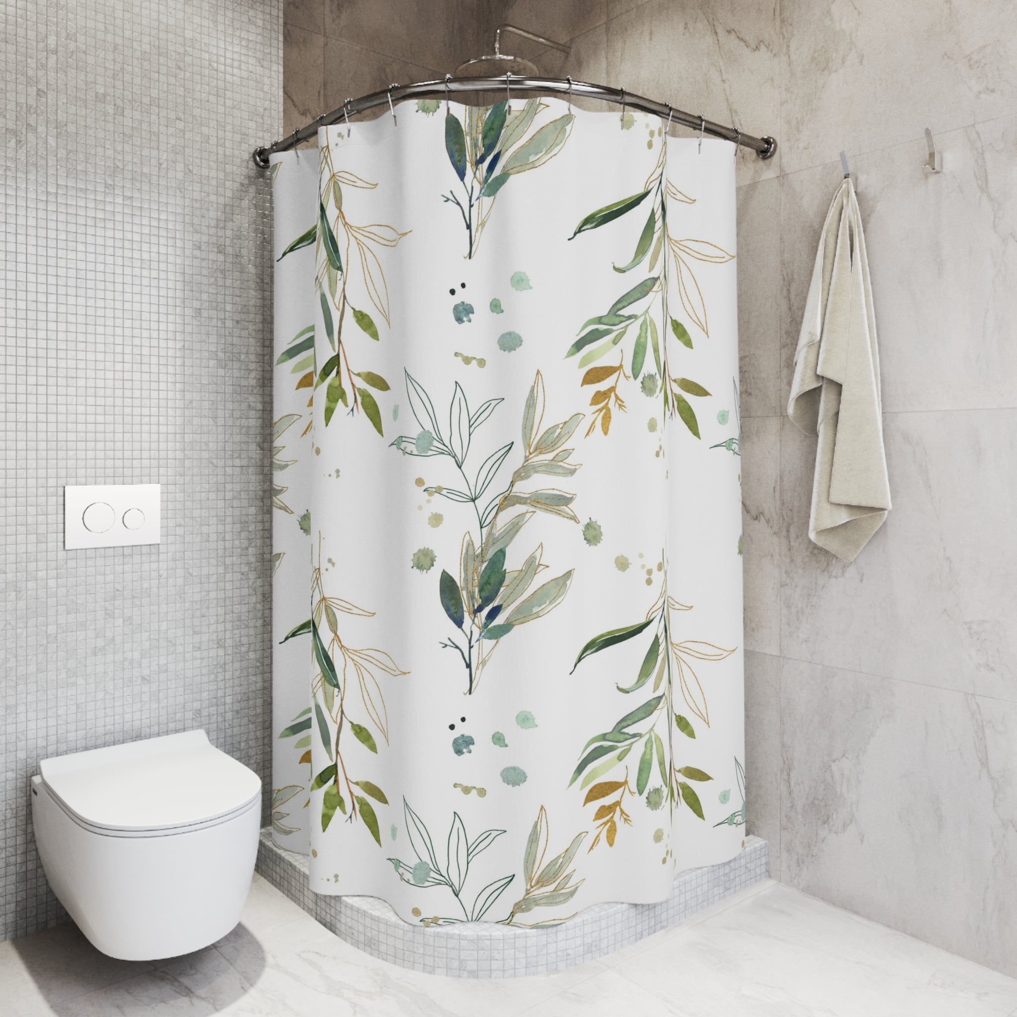 Boho Shower Curtain | Green White Beige Watercolor