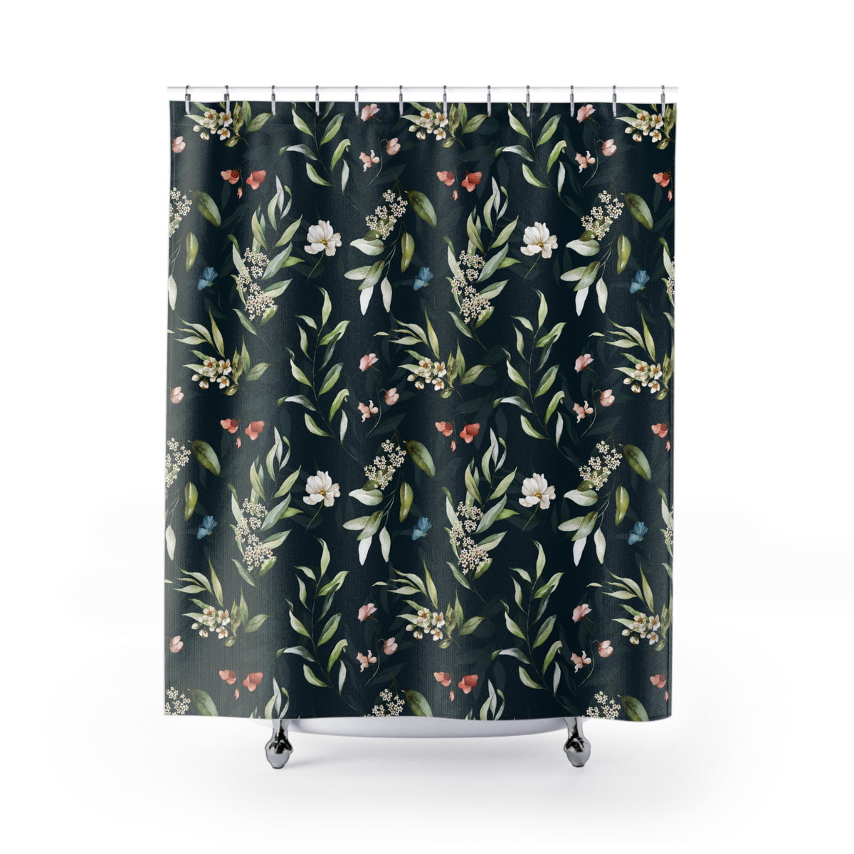 a dark green shower curtain with a floral pattern of white and pink flowers and leaves.