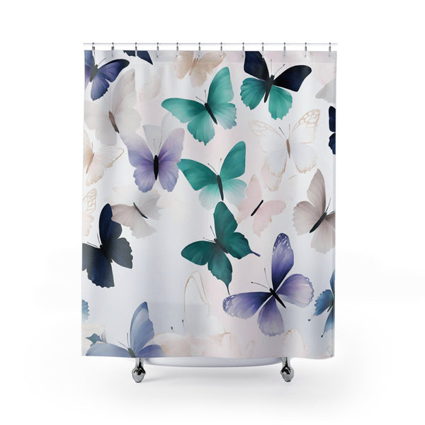 Boho Butterflies Shower Curtain | Teal Green, Navy Blue, Blush Beige White