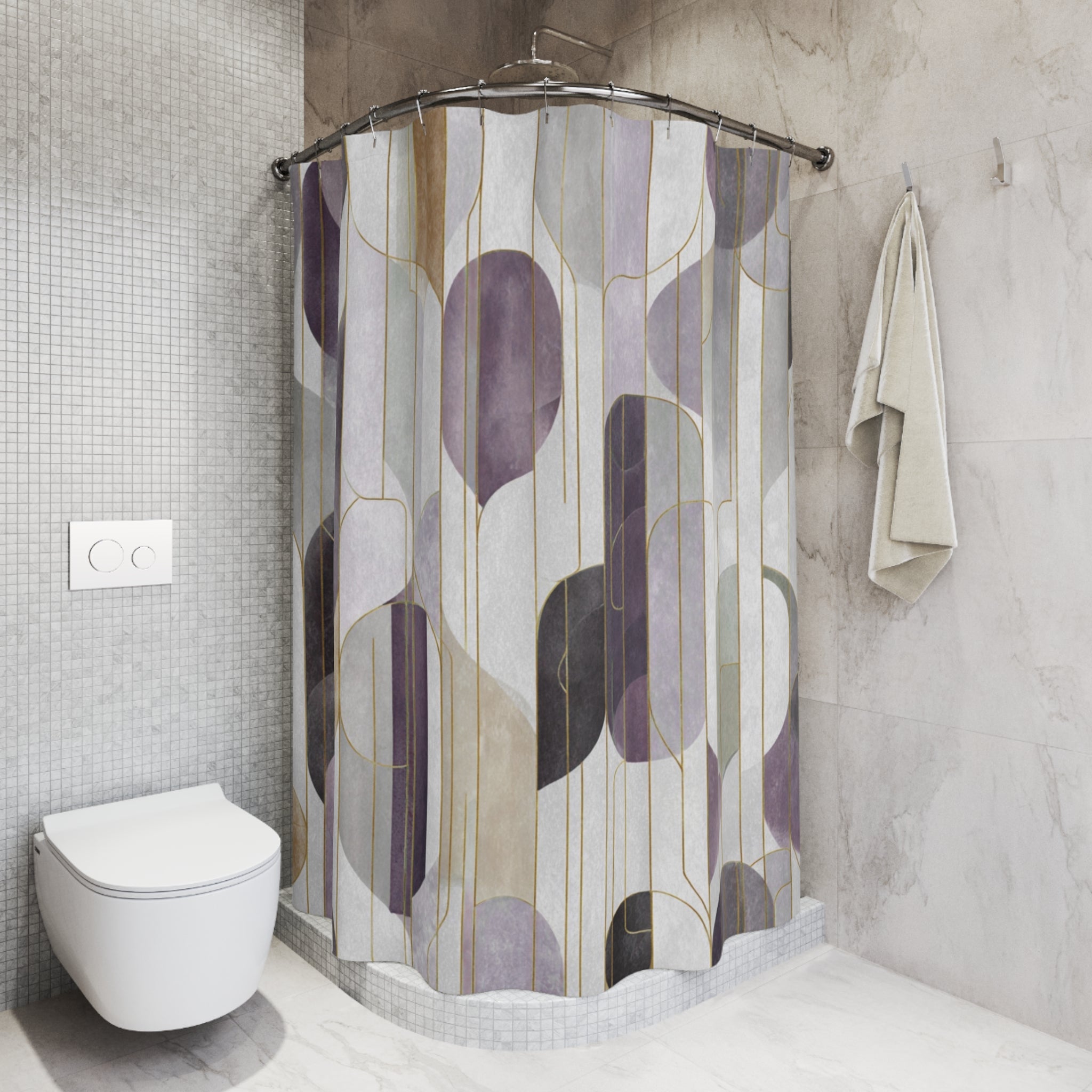 a modern bathroom with a shower curtain featuring abstract geometric patterns in shades of purple and gray. The shower is located next to a toilet, and there is a towel hanging on the wall.