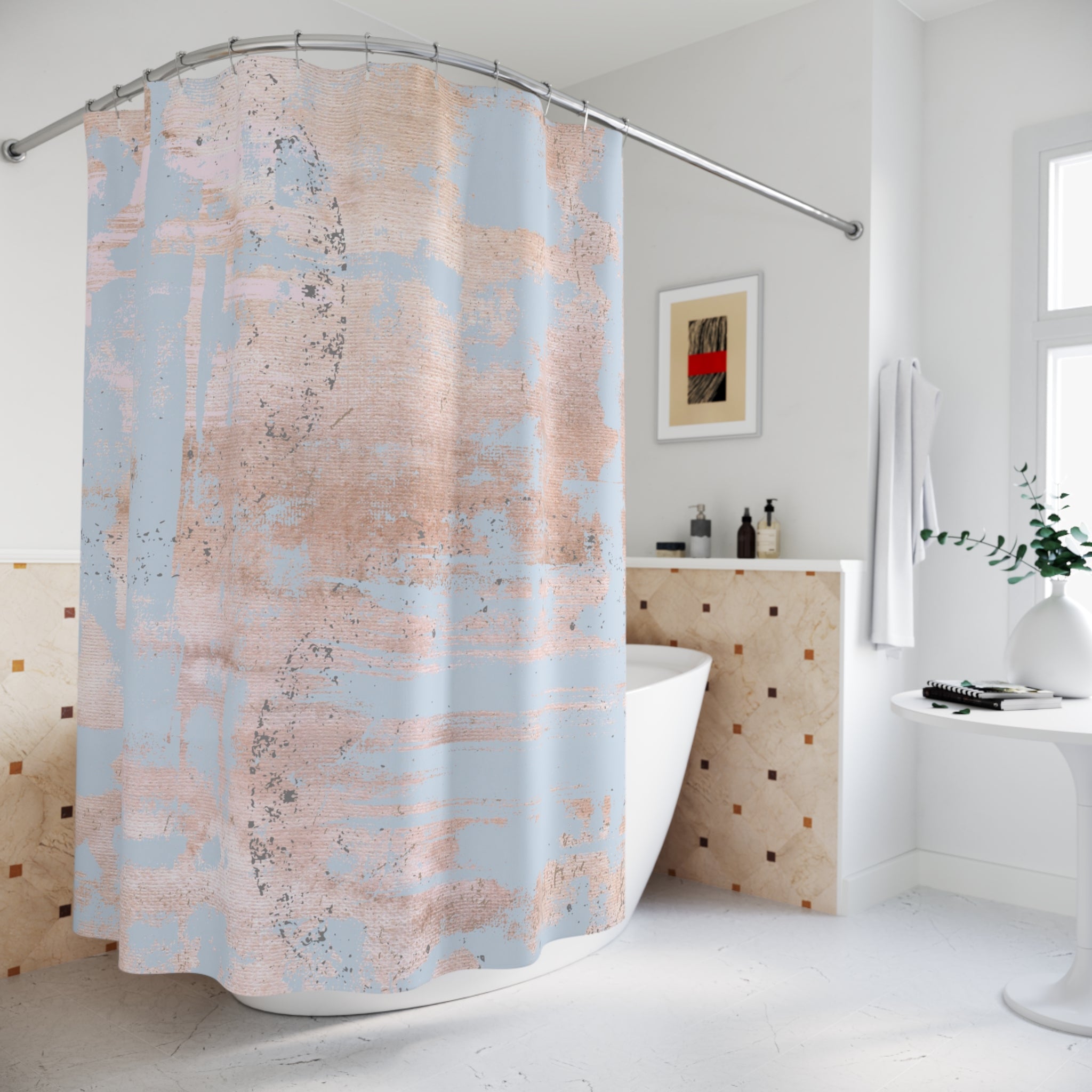 Rustic Pastel Shower Curtain | Sky Blue, Rose Blush Pink Abstract