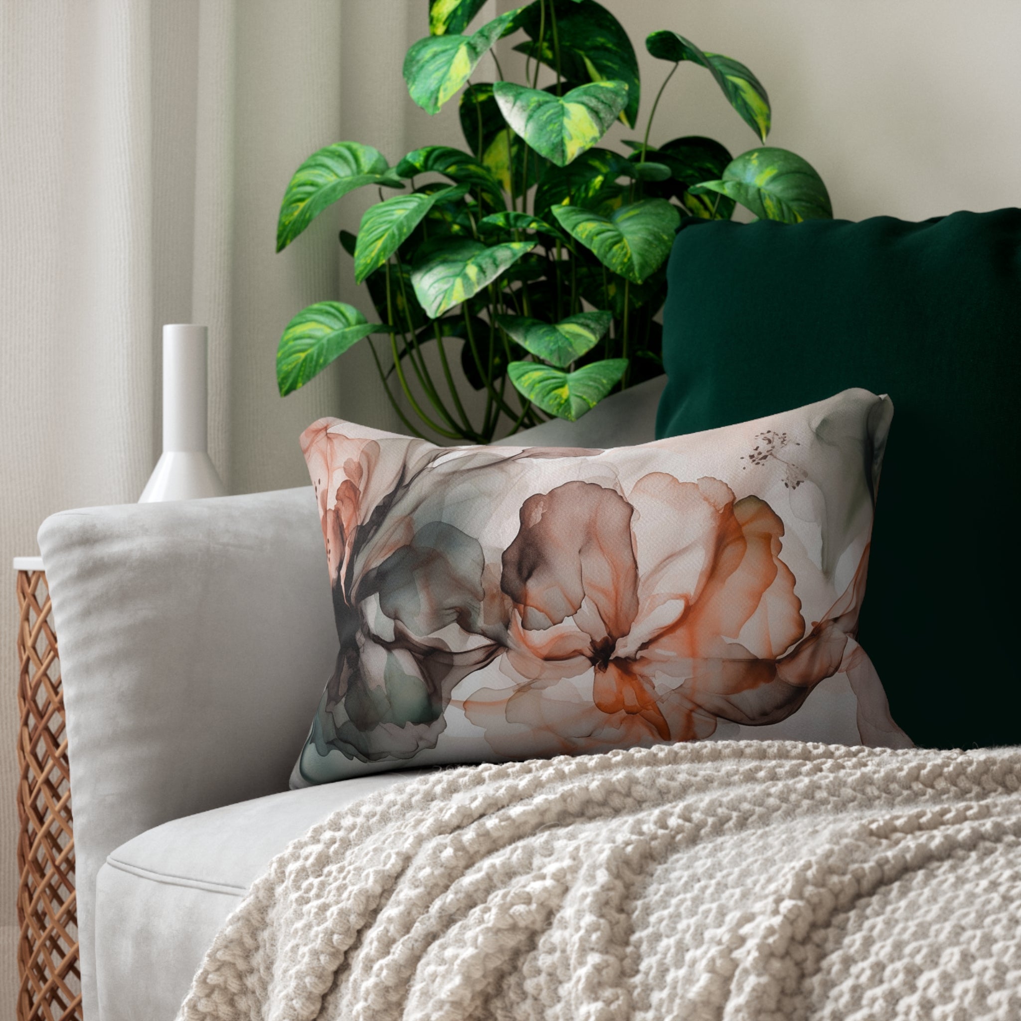 Abstract Floral Lumbar Pillow | Alcohol Ink, Orange Grey White Watercolor