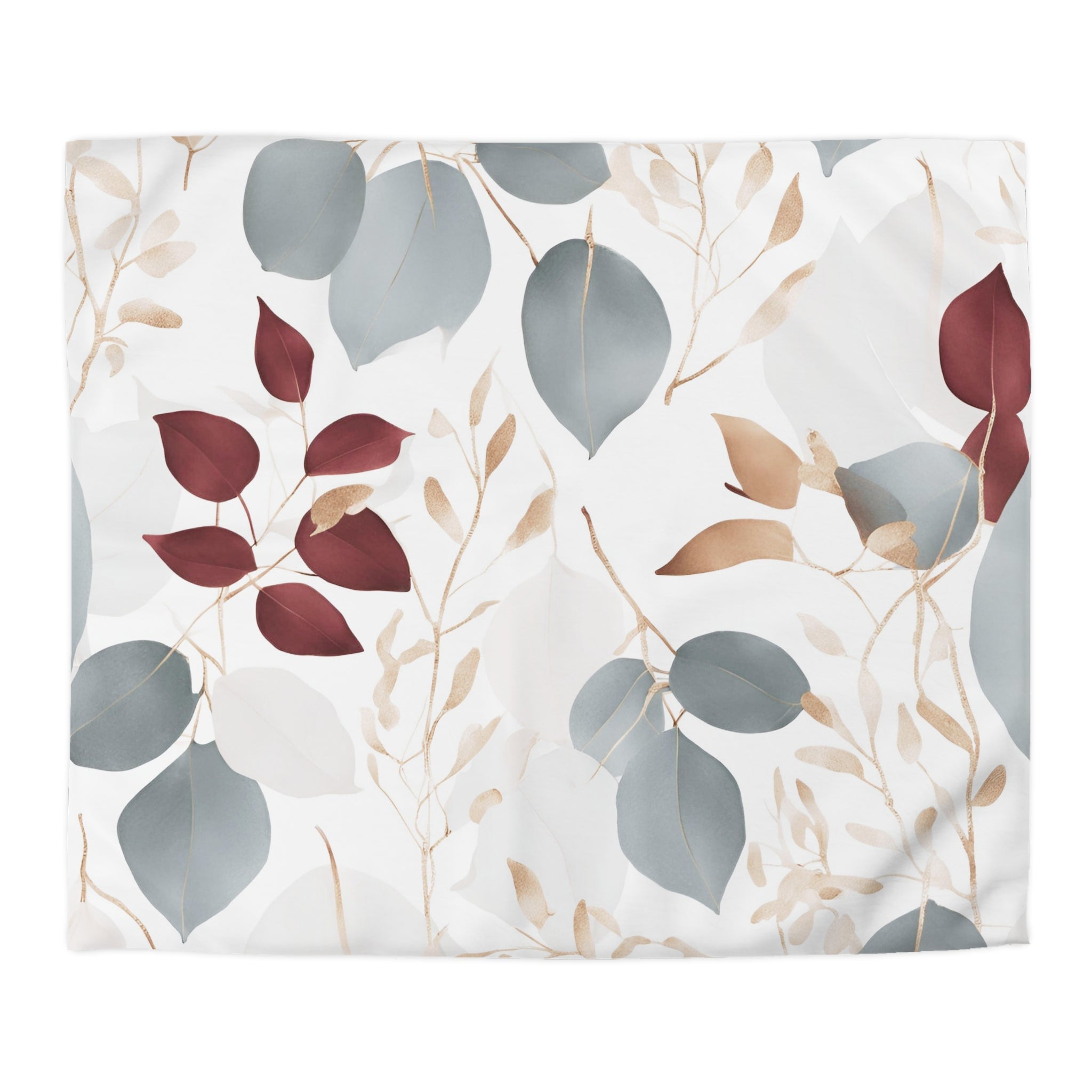 Floral Duvet Cover | Blue Grey, White Burgundy, Beige Eucalyptus Leaves Bedding Decor