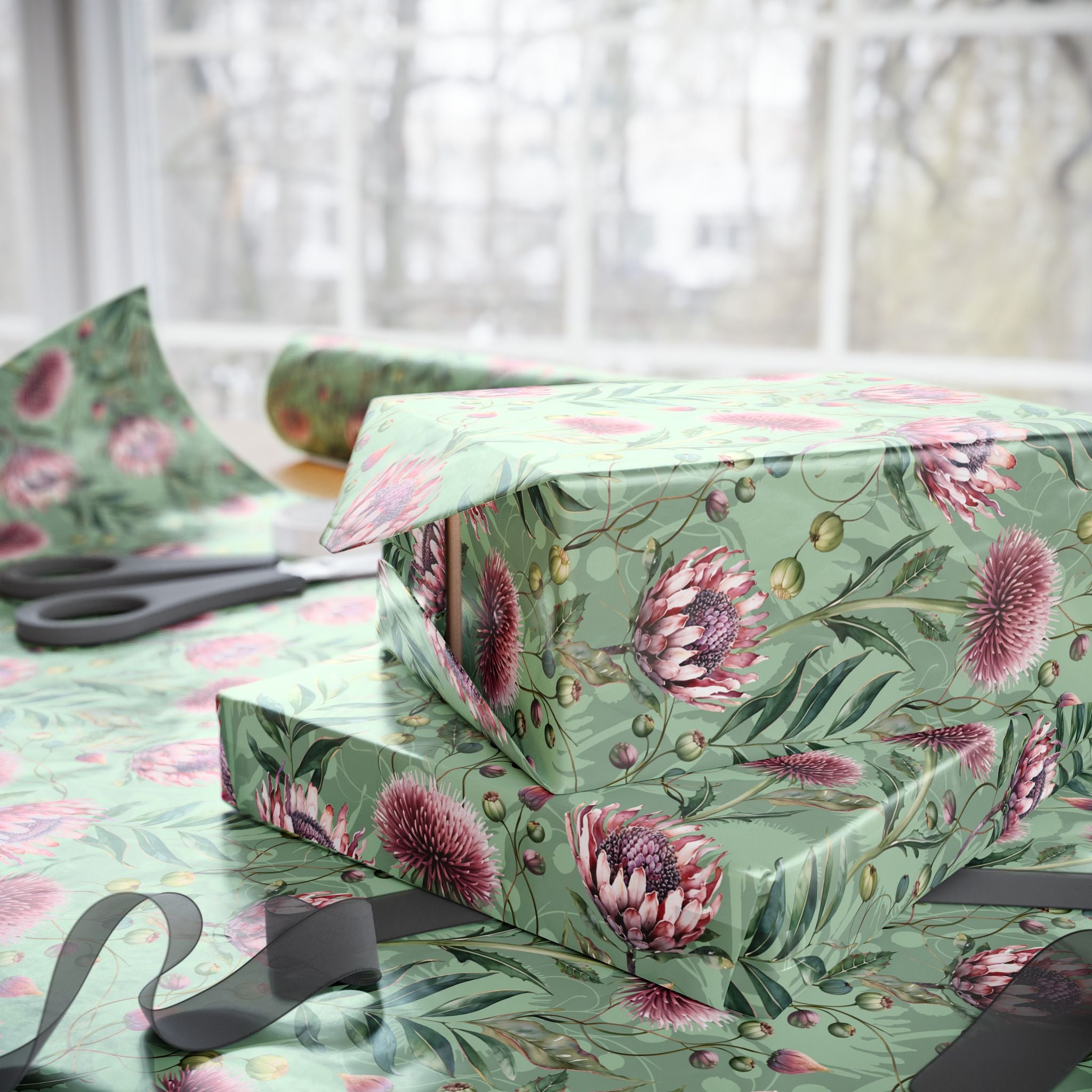 Gift Wrapping Paper | Colorful Sage Green, Pink Floral Wrap for the Holidays, Birthdays