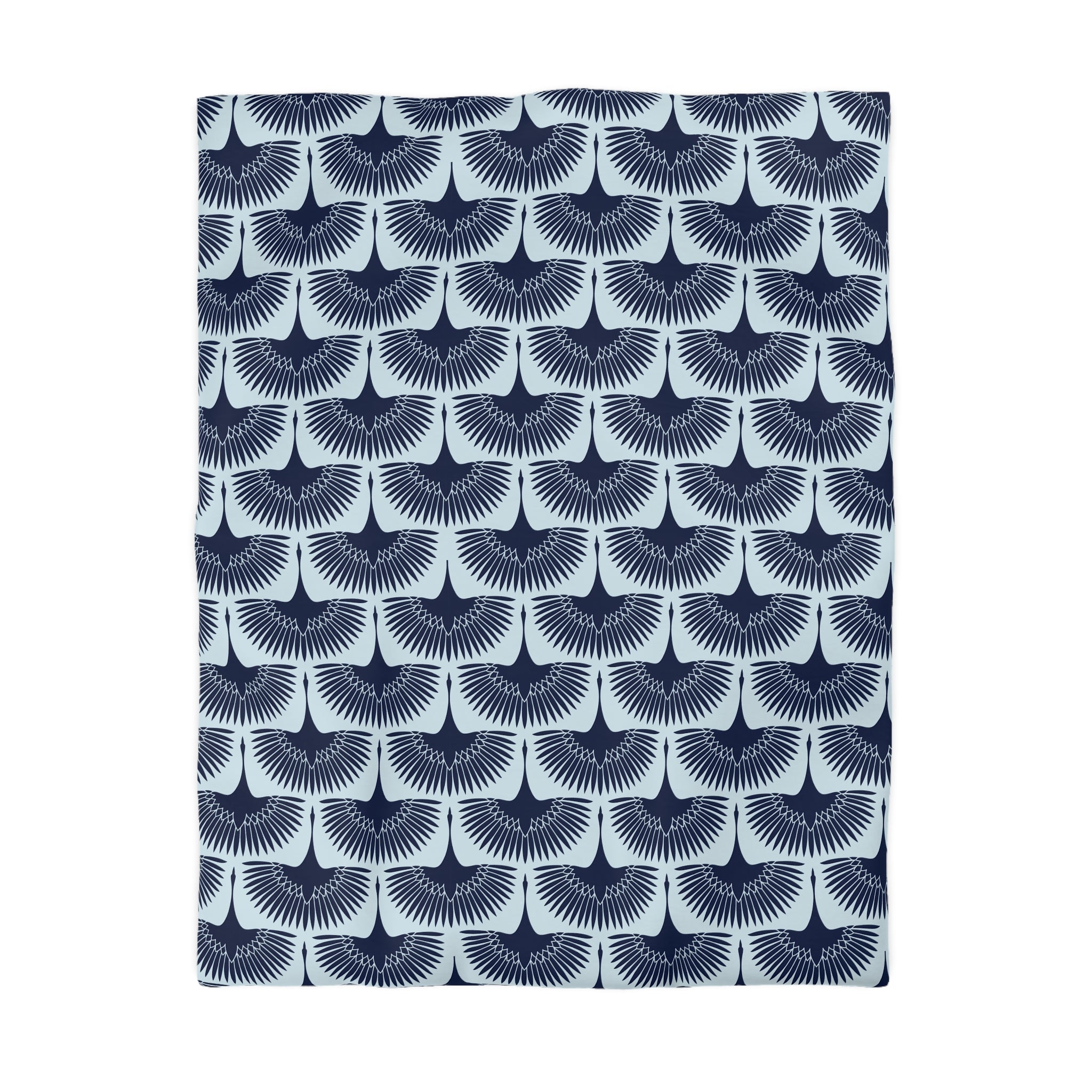a repeating pattern of stylized black and white birds on a light blue background.