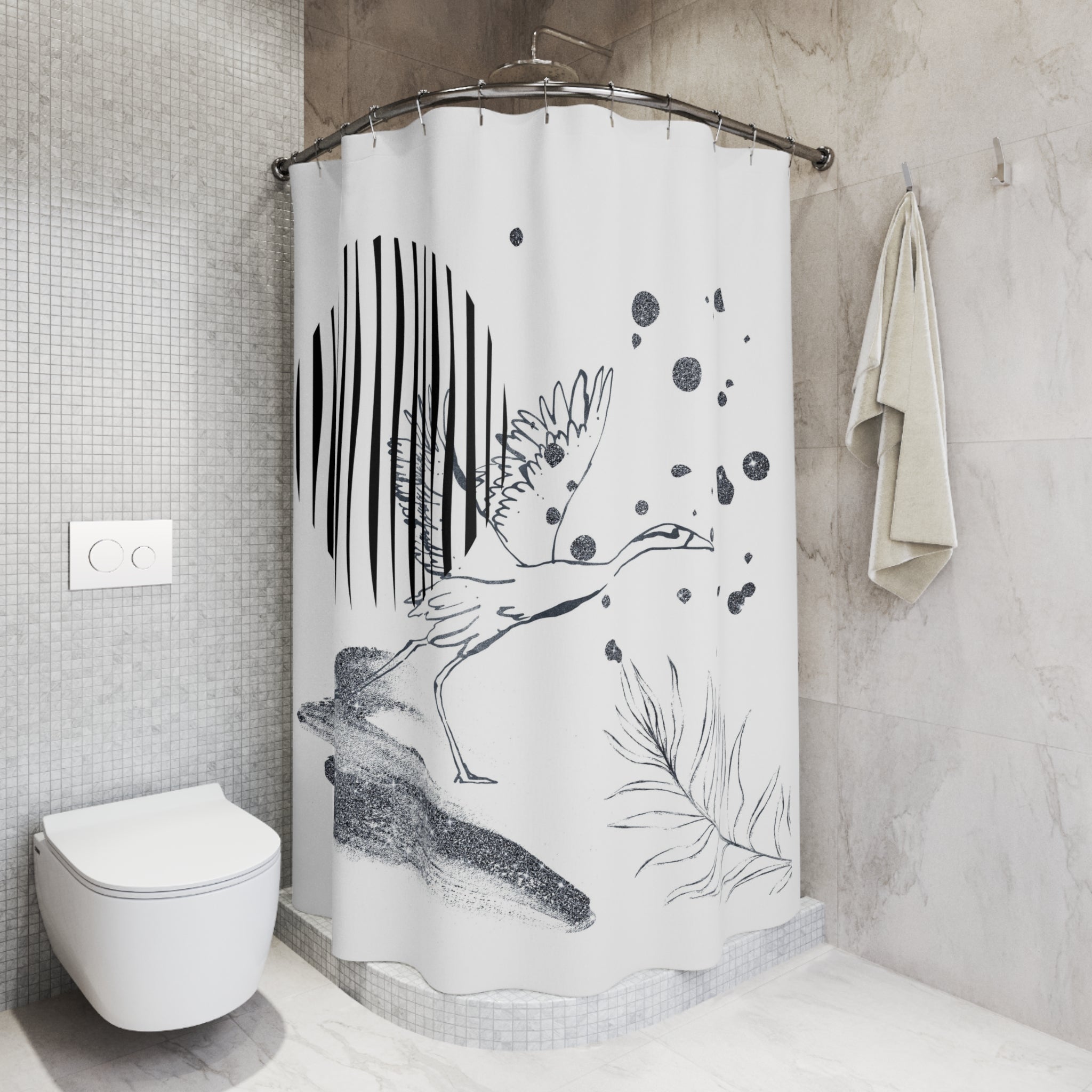 Boho Shower Curtain | Crane Bird, White Grey Black