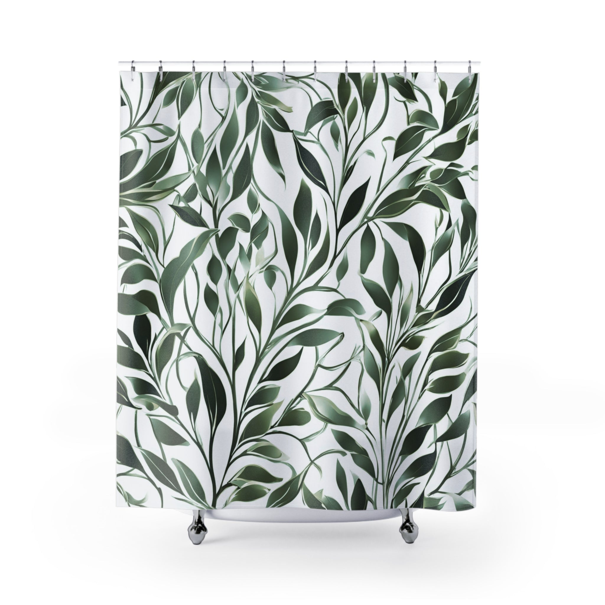 Boho Shower Curtain | Sage Green, White Leaves