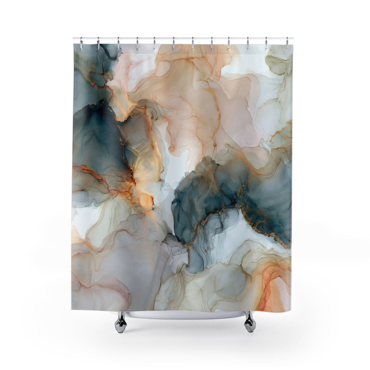 an abstract painting with a mix of blue, orange, and gray colors, creating a dynamic and visually striking composition.