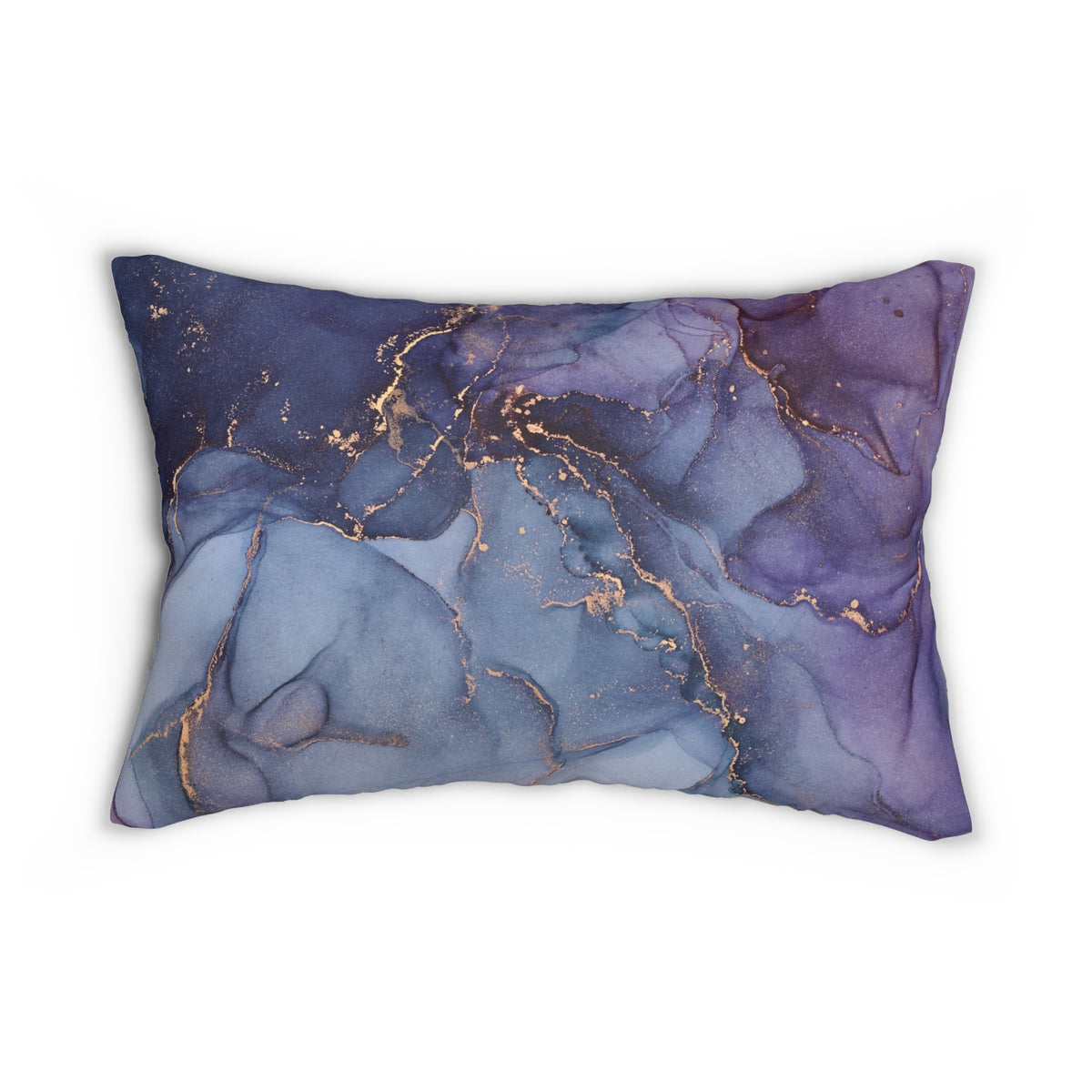 A decorative pillow with a marble-like pattern in shades of blue and purple, featuring gold accents.