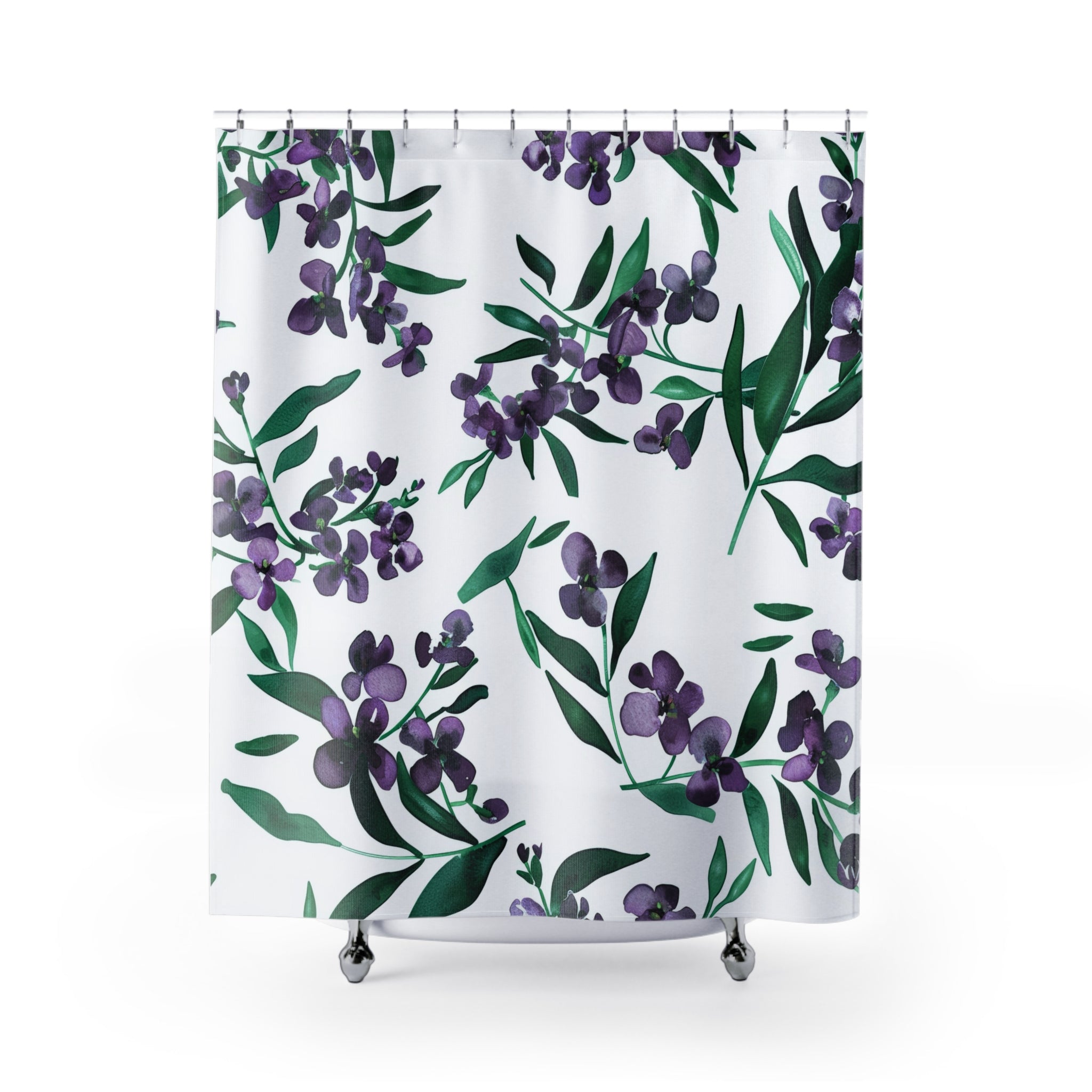 Boho Floral Shower Curtain | Botanical White Purple, Green