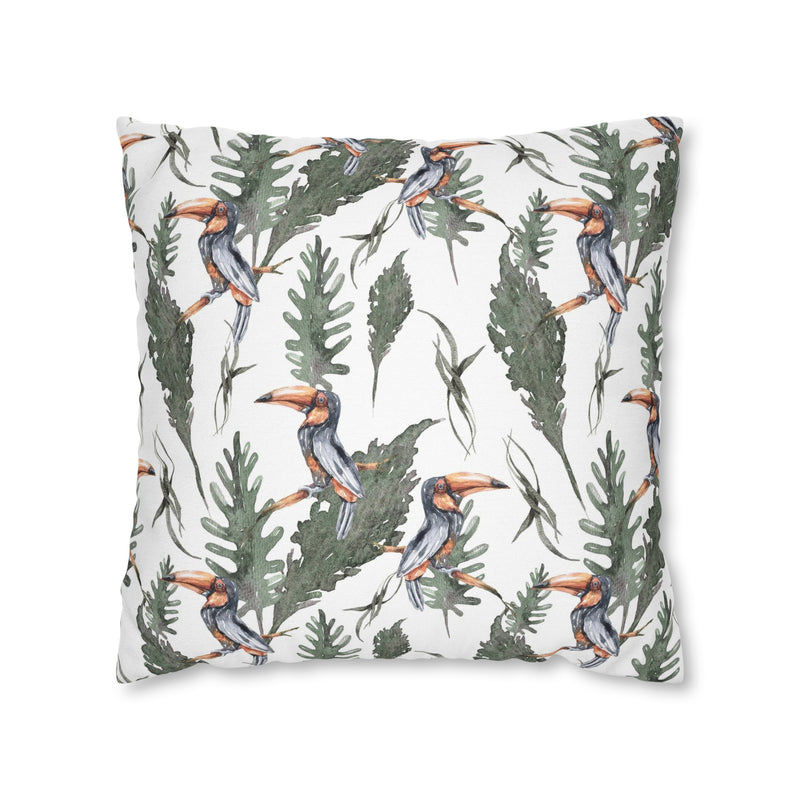 Tropical Tucan Floral Pillow Cover | White Sage Green Jungle Leaves