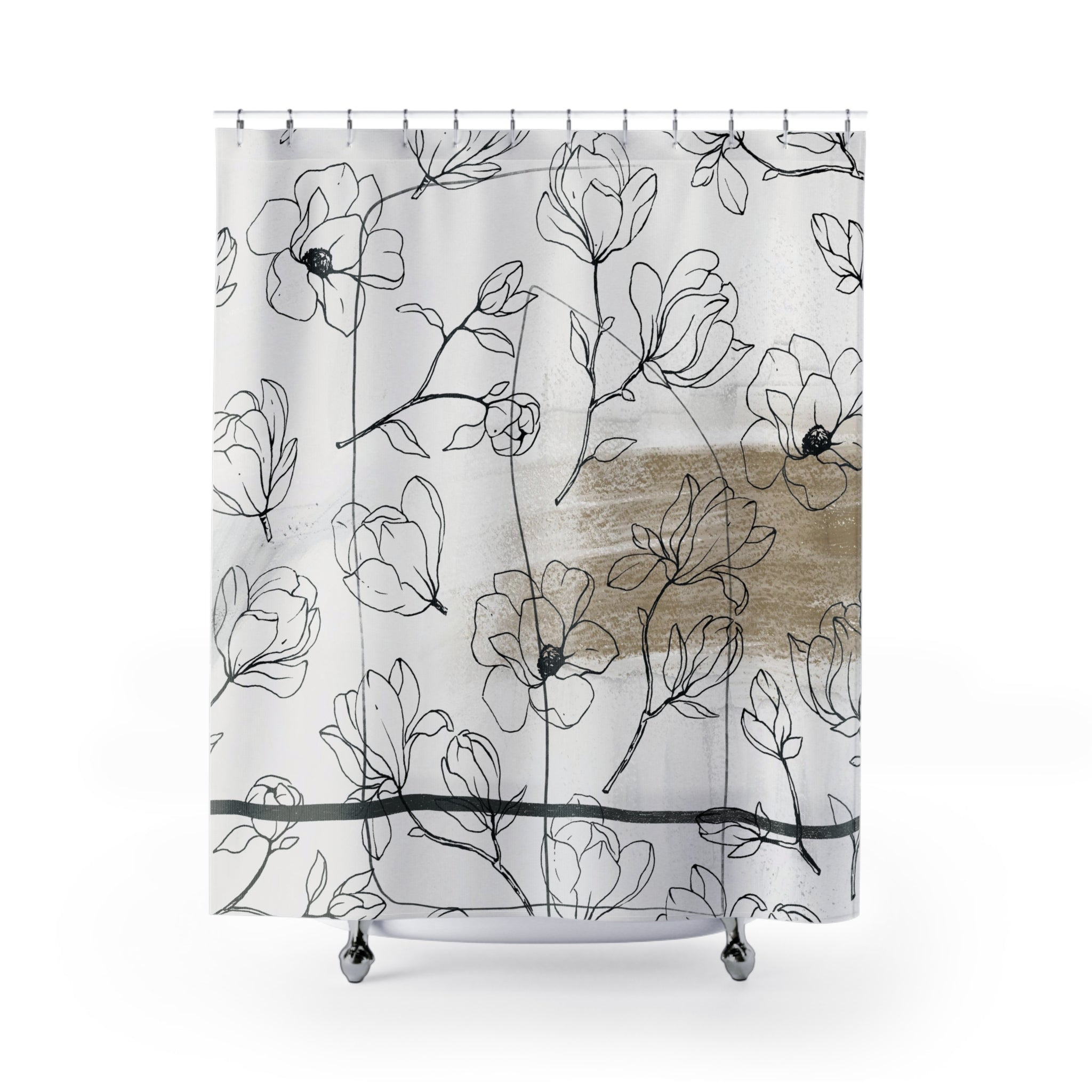 Boho Floral Shower Curtain | Bohemian Beige White Black Line Art