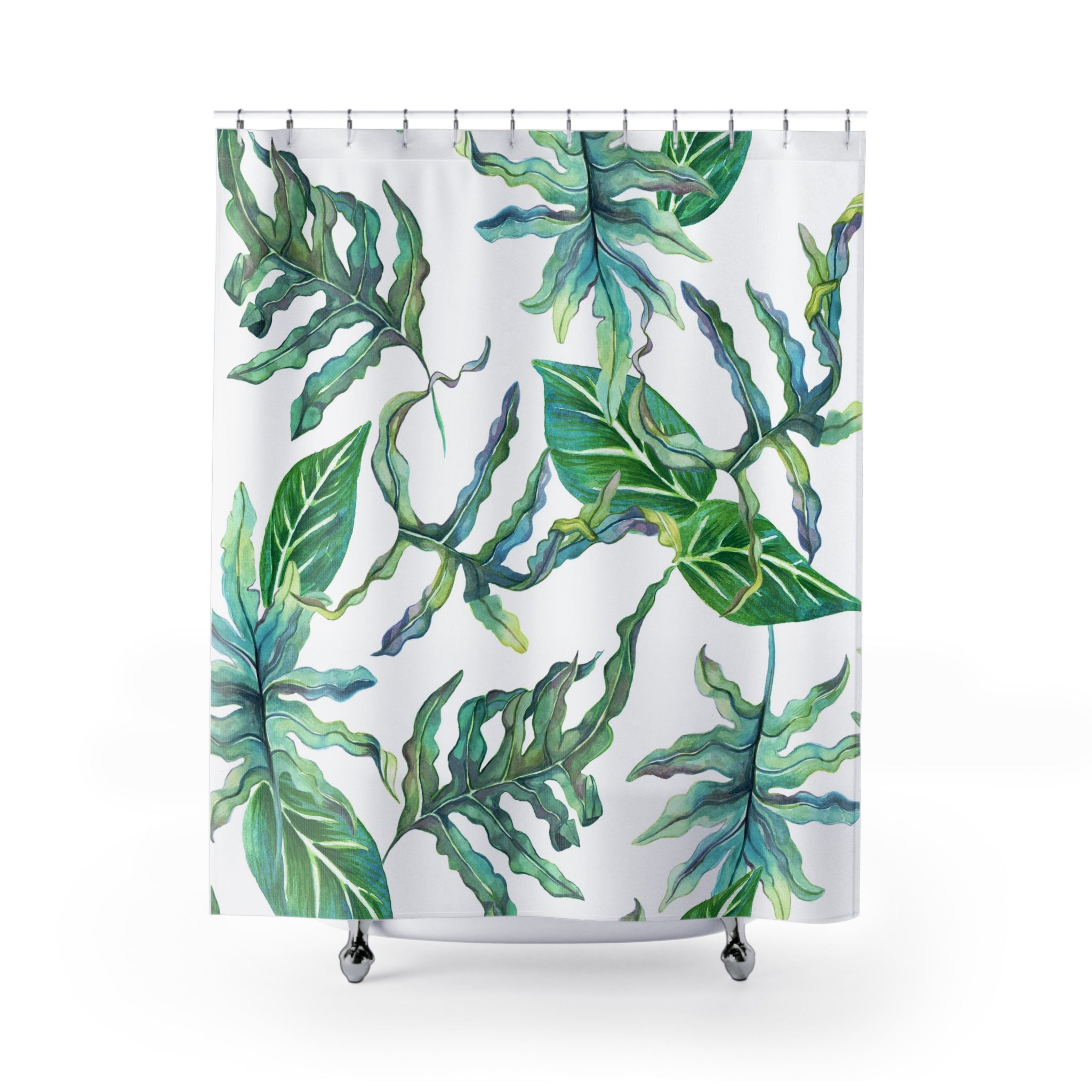 Boho Shower Curtain | White Green, Herbal Leaves Watercolor