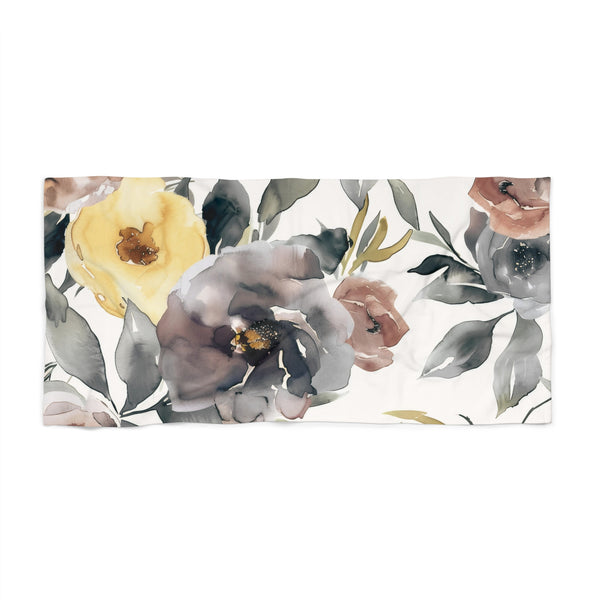 Bath Towel | Floral Grey, Peach Yellow Roses Towel