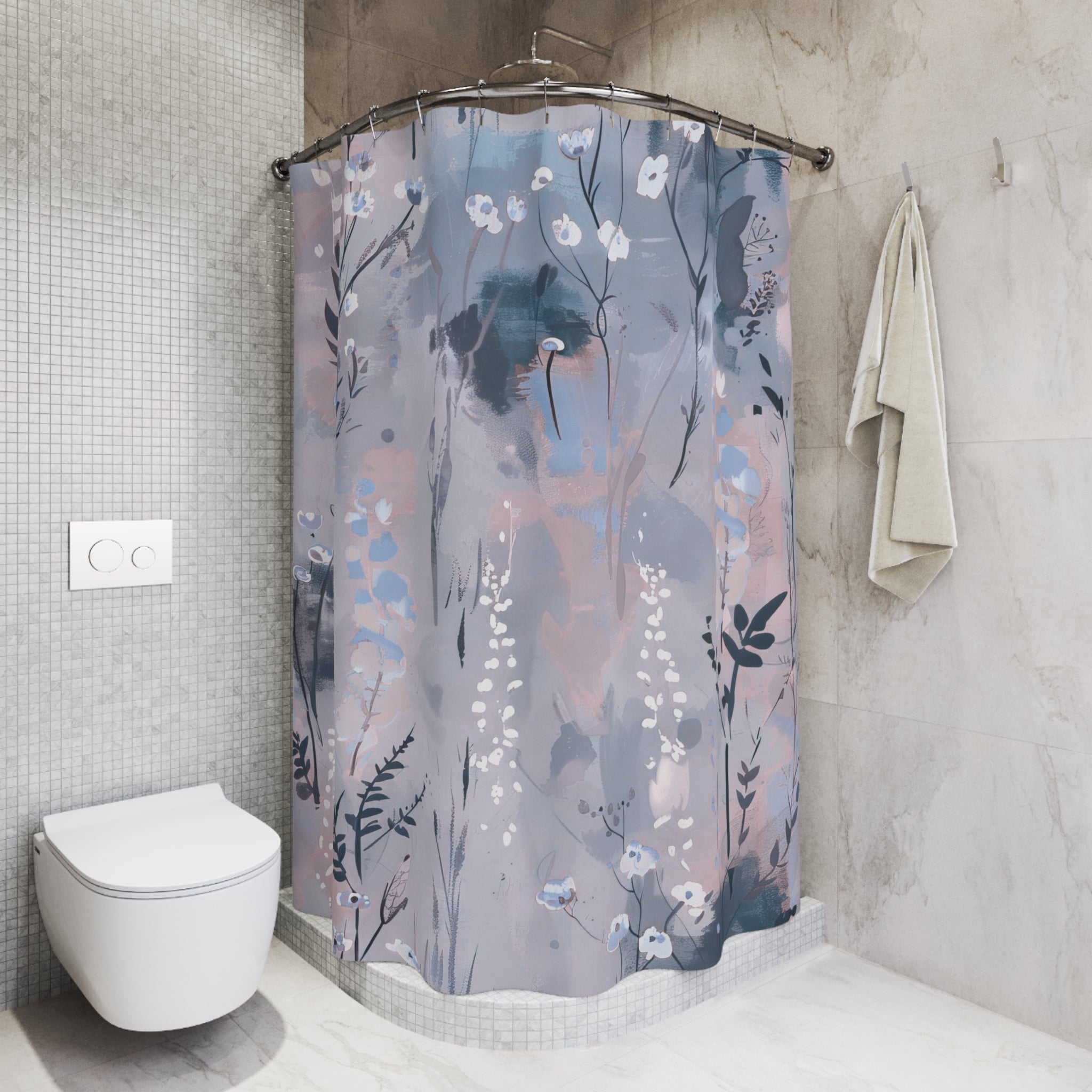Boho Shower Curtain | Floral Moody Paste Blush Blue