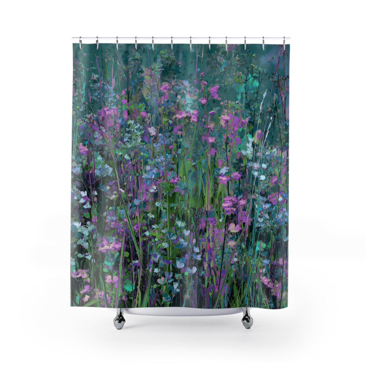 a vibrant and colorful floral pattern, with a variety of purple, green, and blue flowers and foliage. The flowers are arranged in a way that creates a lush and natural atmosphere, with some overlapping and others standing out against the background. The overall composition is visually striking and captivating.