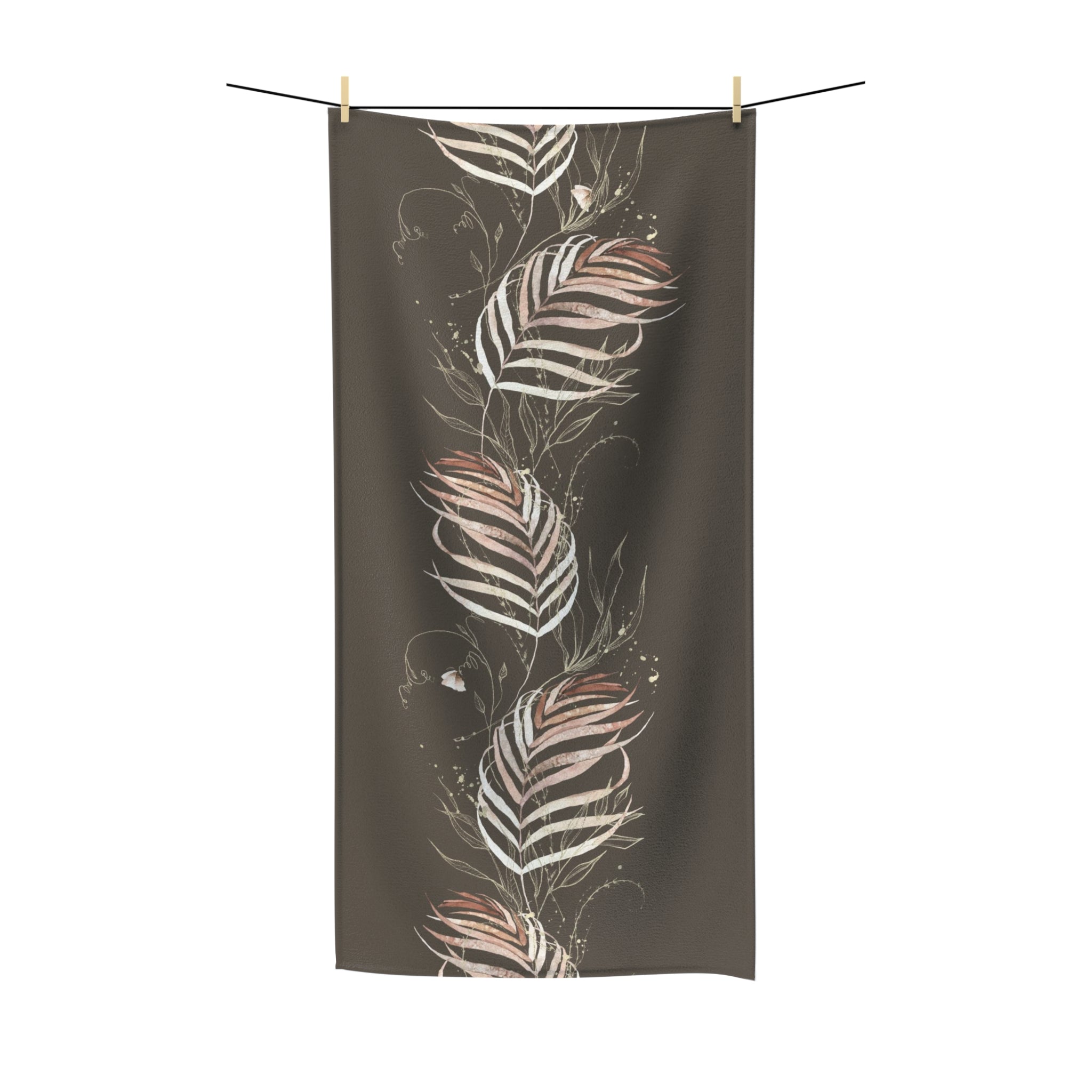 Floral Boho Bath Beach Towel | Jungle Dark Brown Beige Gold Leaves