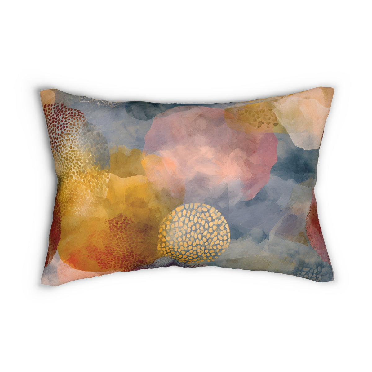 a vibrant abstract design with a mix of warm and cool colors, including shades of orange, pink, blue, and yellow. The design appears to be a pillow cover or cushion with a textured and colorful pattern.