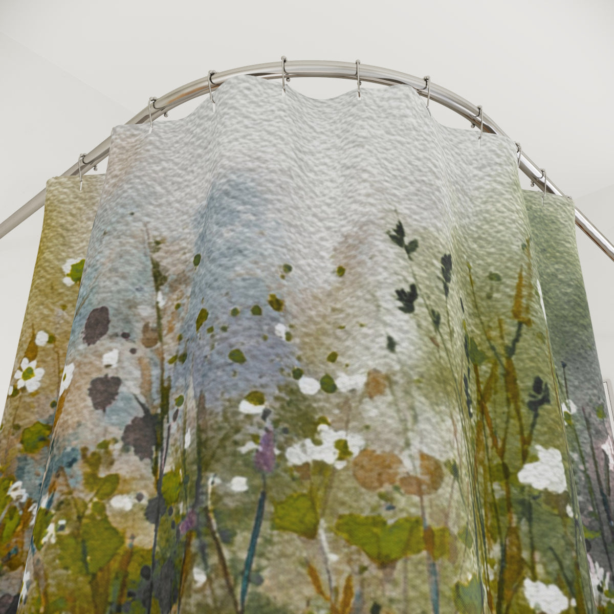 a shower curtain with a colorful, abstract floral pattern.