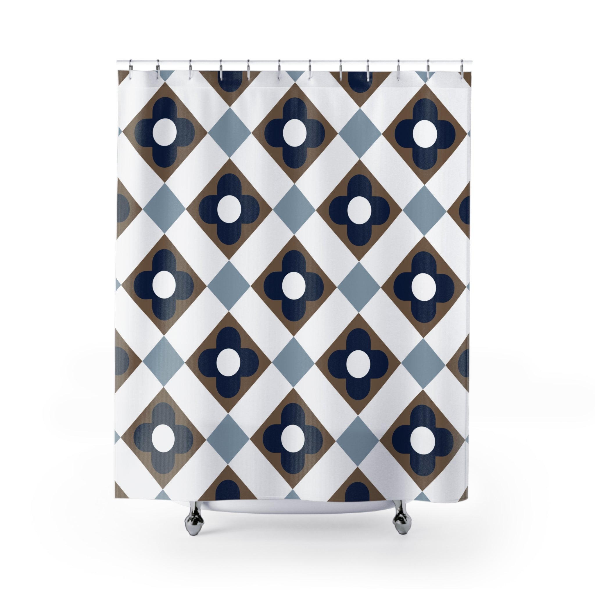 Retro Shower Curtain | Art Deco, Blue White Beige, Geometric