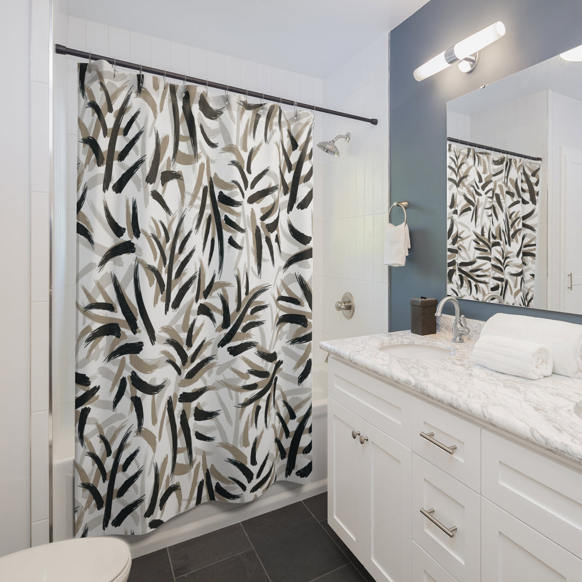 Black Taupe Brushstroke Leaf Shower Curtain, Bath Curtain 71x74