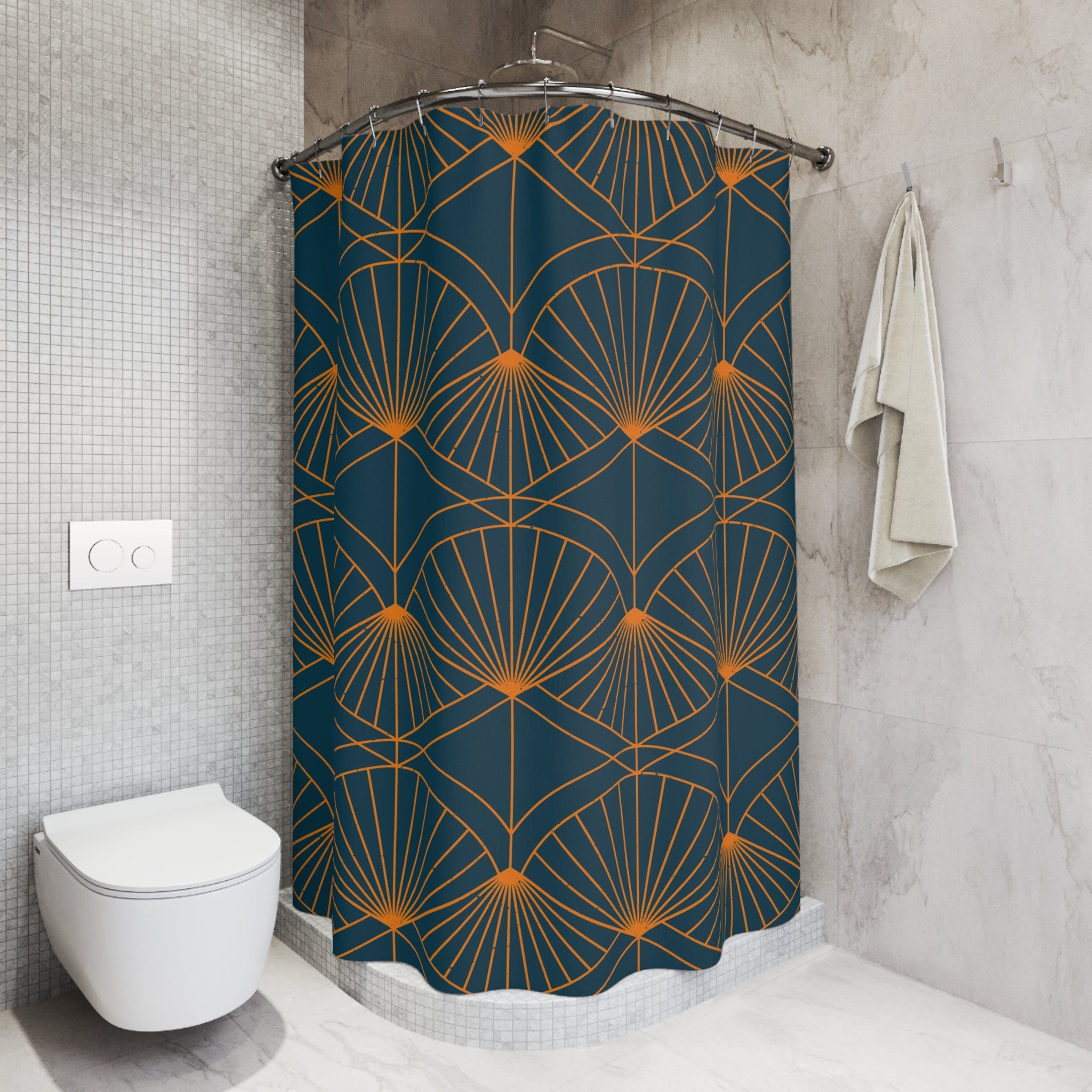 Art Deco Shower Curtain | Navy Blue, Orange Fan Bath Curtain