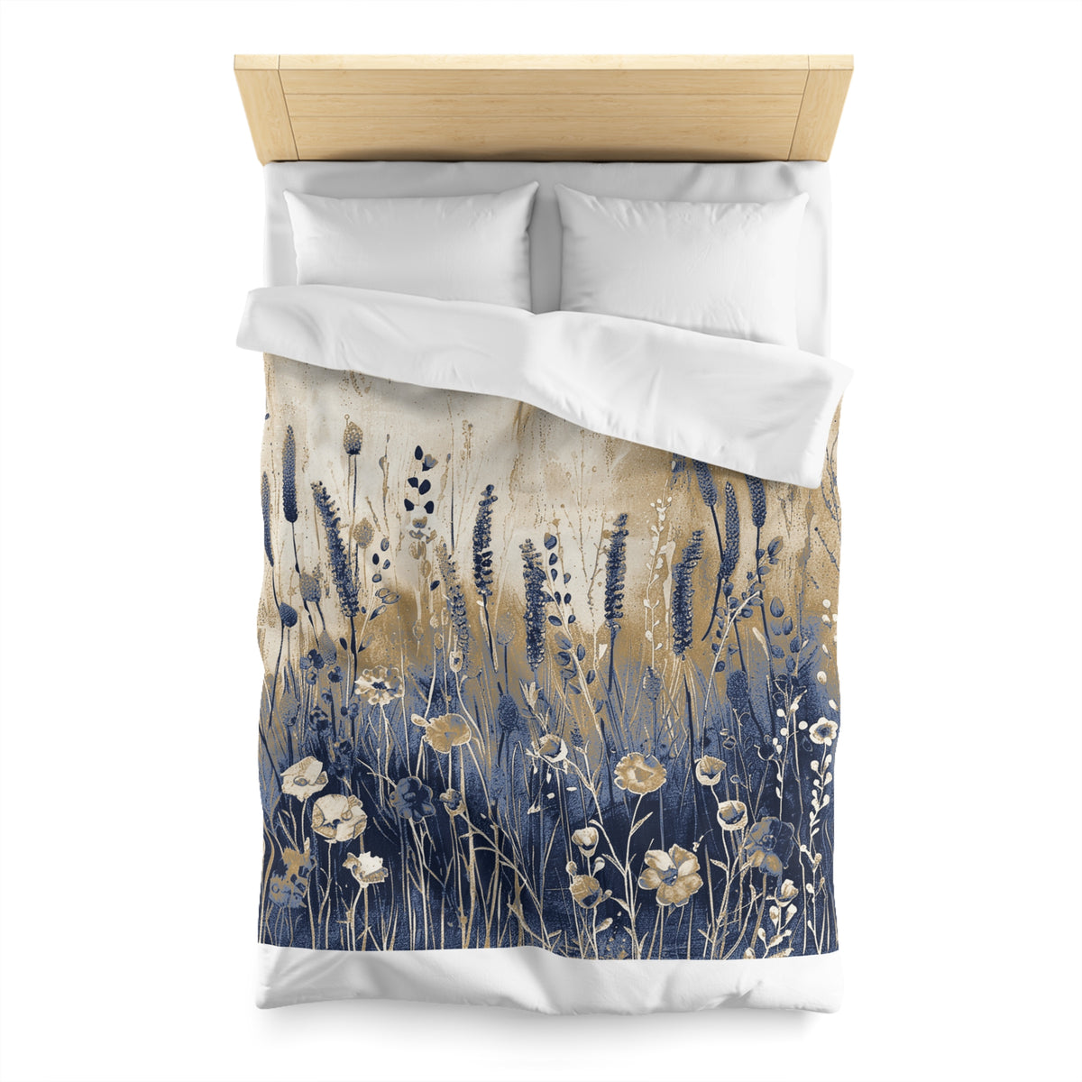 a bed with a floral print duvet cover and pillows.