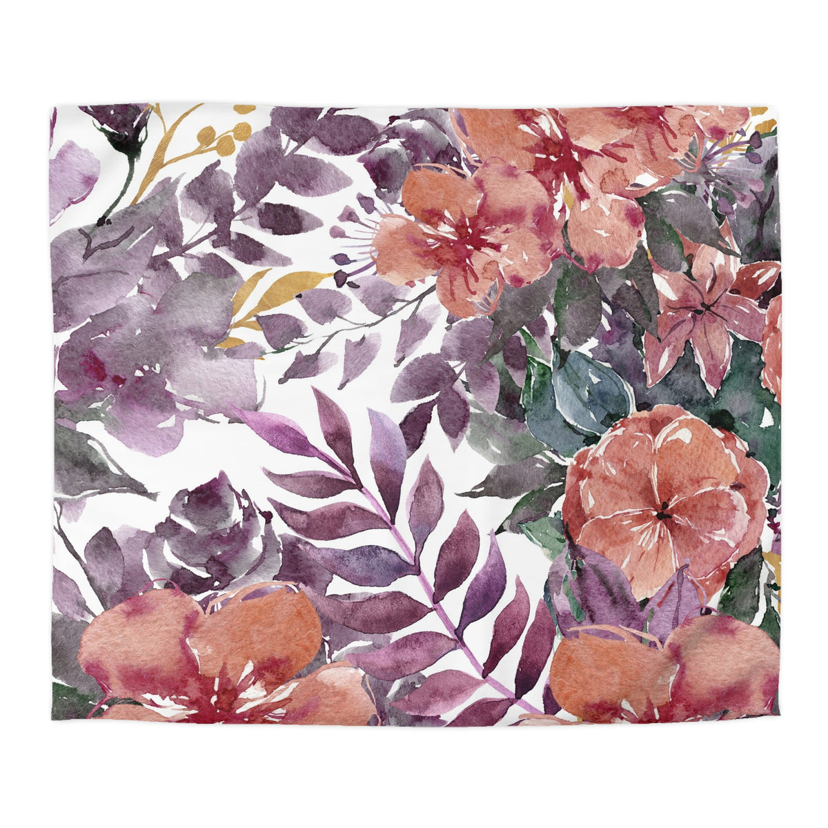 The image is a vibrant and colorful floral print featuring a variety of flowers and leaves in shades of purple, pink, and orange.