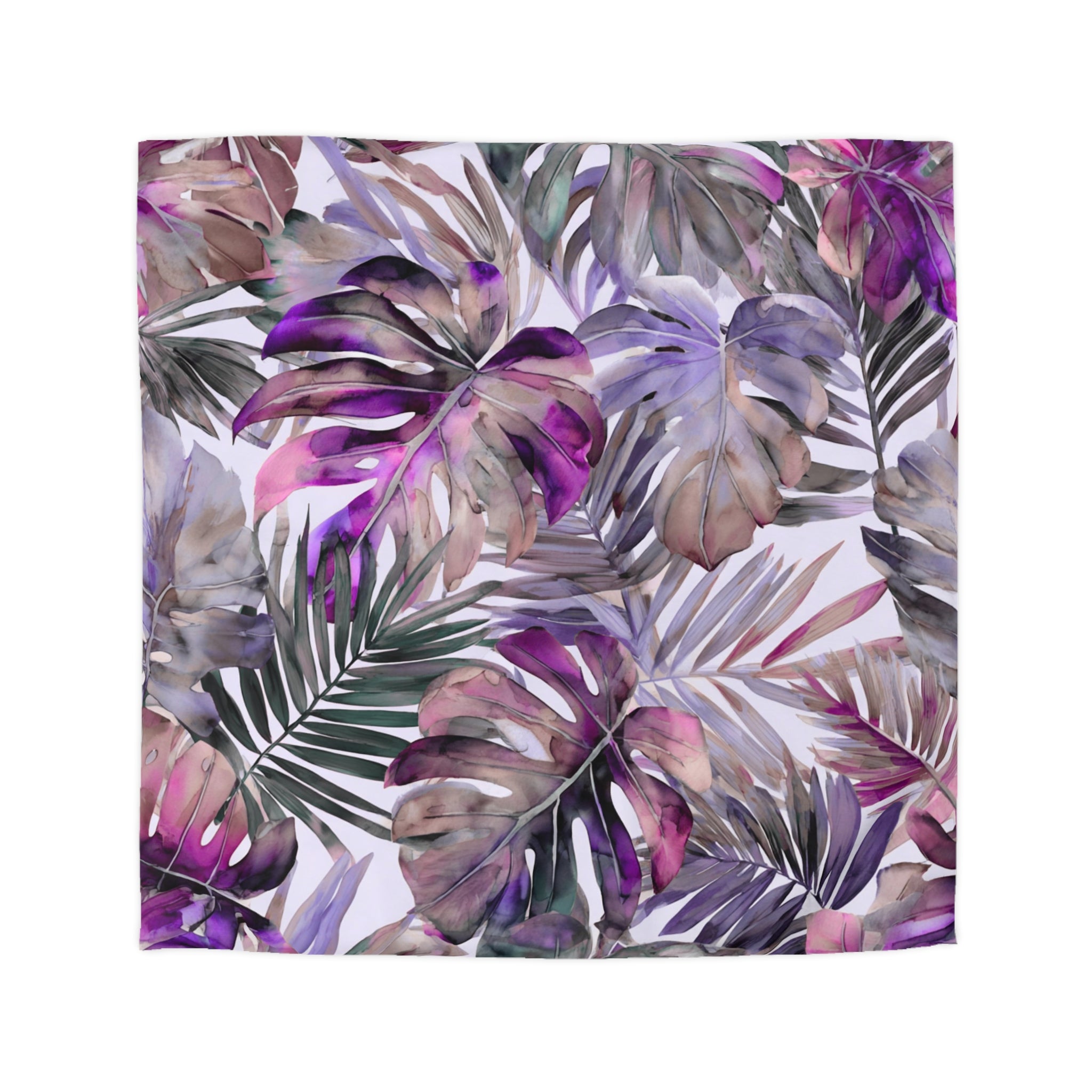 a vibrant and colorful pattern of tropical leaves in shades of purple, green, and brown.
