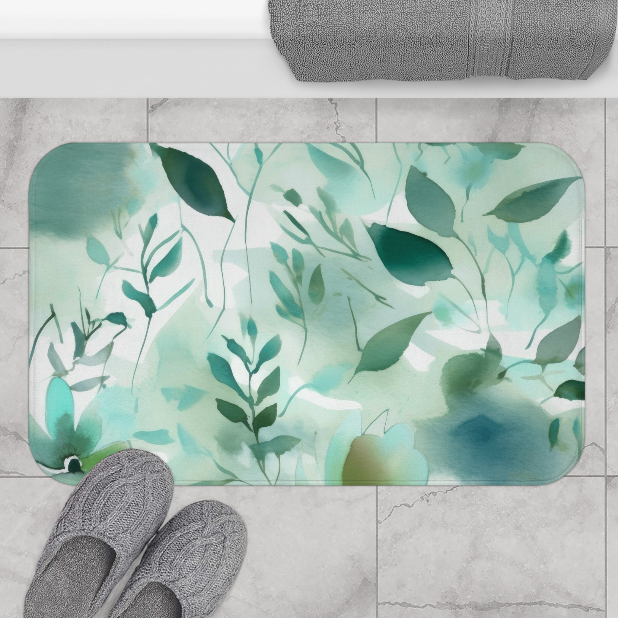 Abstract Bath Mat | Sage Teal Green Floral Kitchen Mat