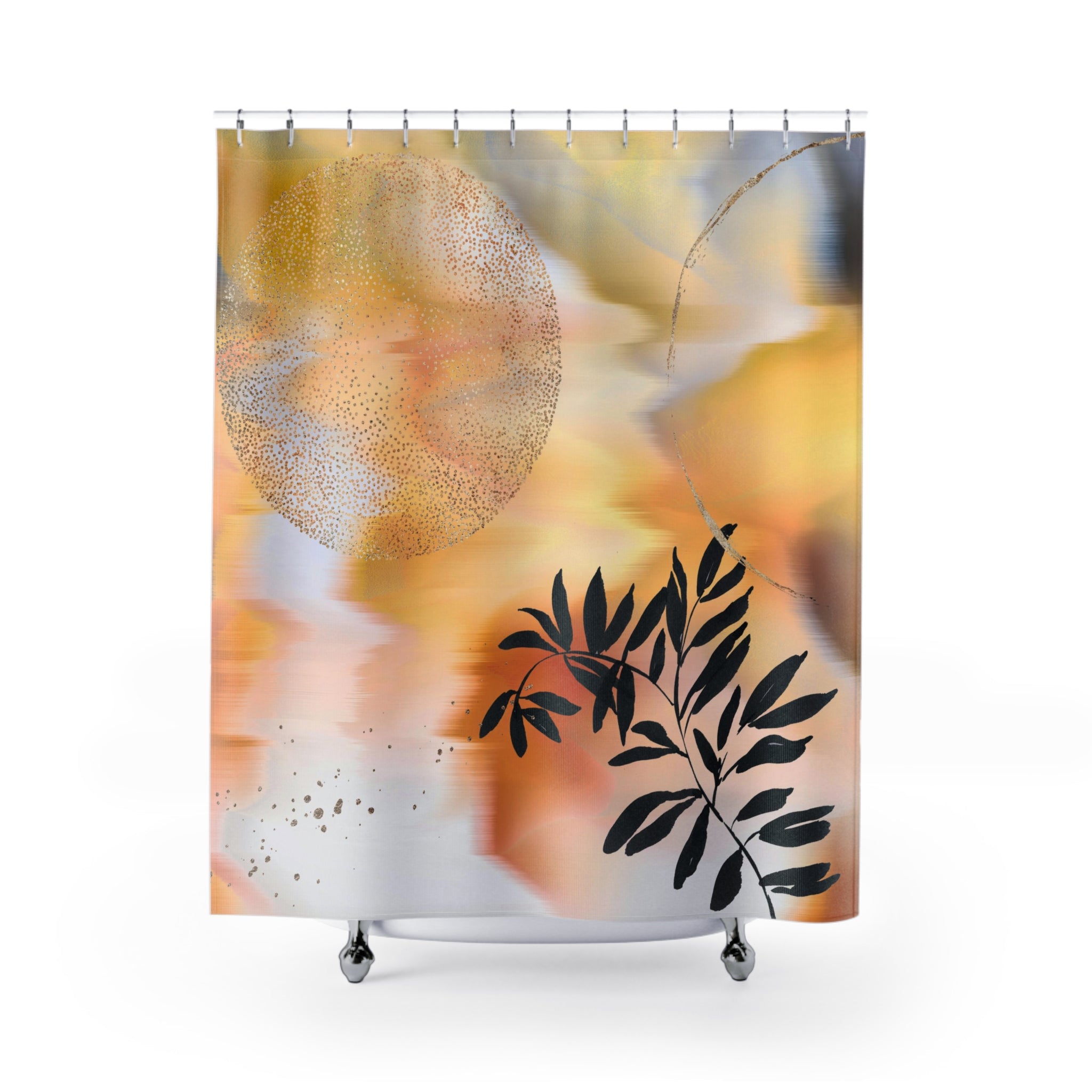 a peach orange, shower curtain with a painting of leaves on it