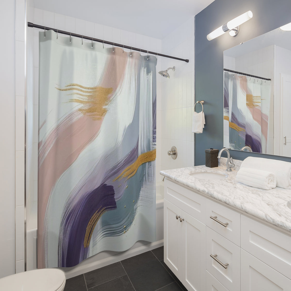a modern bathroom with a white vanity, a shower curtain with a colorful abstract design, and a mirror above the vanity.
