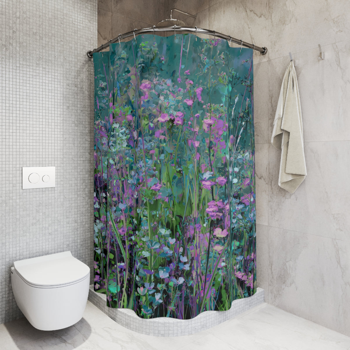 a bathroom with a shower curtain that has a vibrant floral pattern in shades of purple and green. The shower curtain is hanging from a rod next to a white towel. The bathroom has a white toilet and a tiled wall, creating a clean and modern aesthetic.