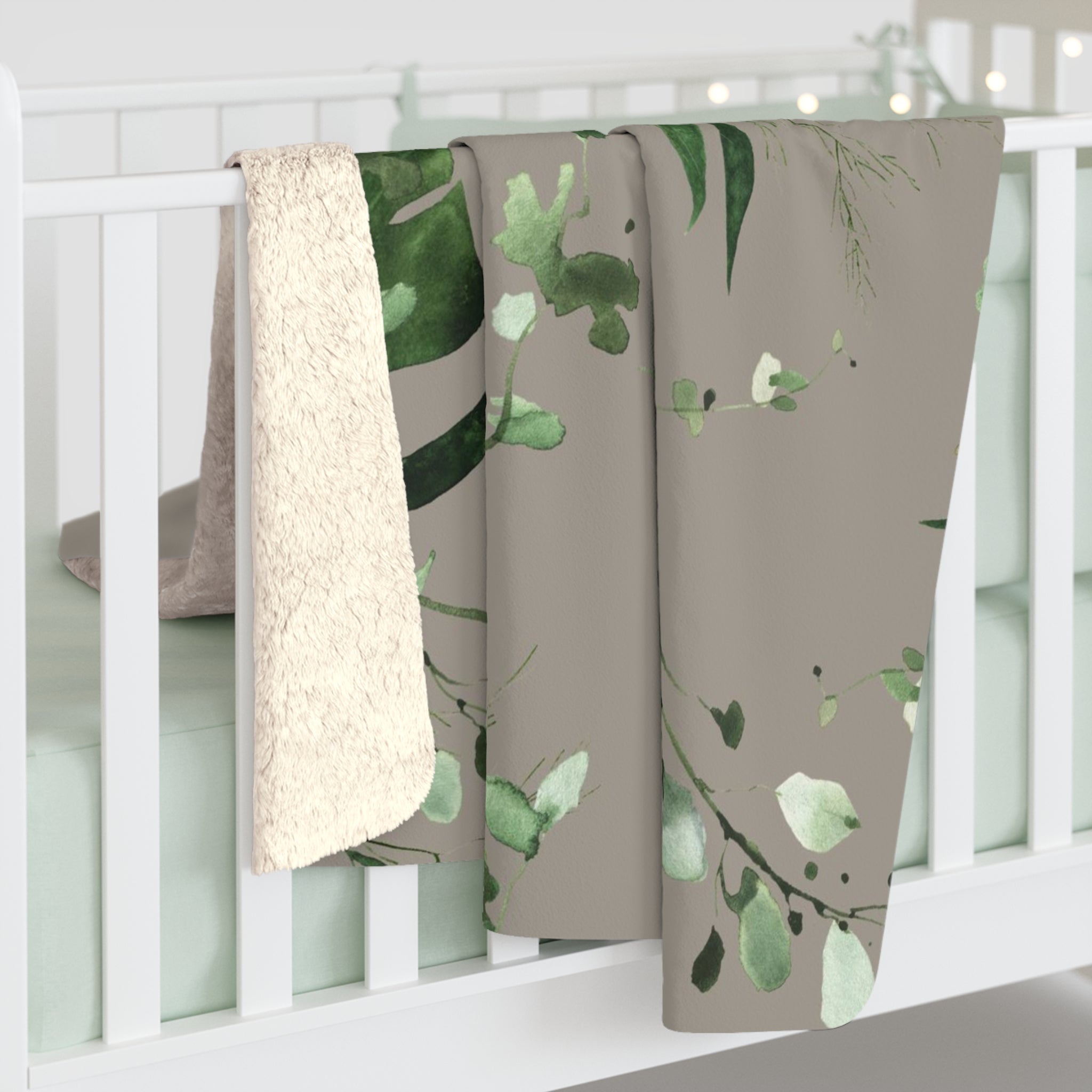 Floral Boho Comfy Blanket | Taupe Gray, Green Monstera Leaves