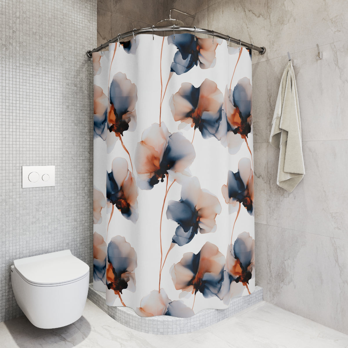 a bathroom with a shower curtain adorned with a floral pattern in shades of blue, orange, and white. The shower curtain is hanging from a rod next to a towel. The bathroom also includes a toilet and a sink.