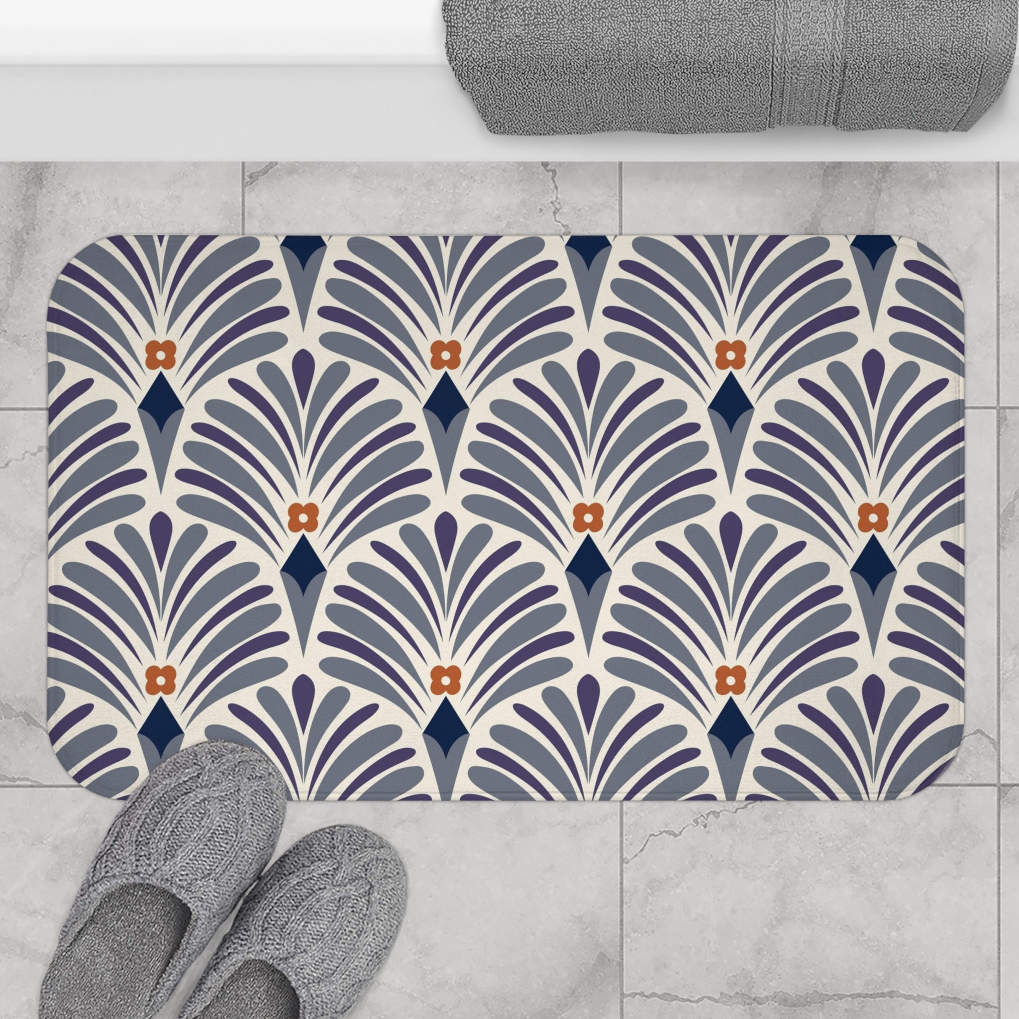 Boho Bath, Kitchen Mat |  Art Deco Grey Plum Purple Beige