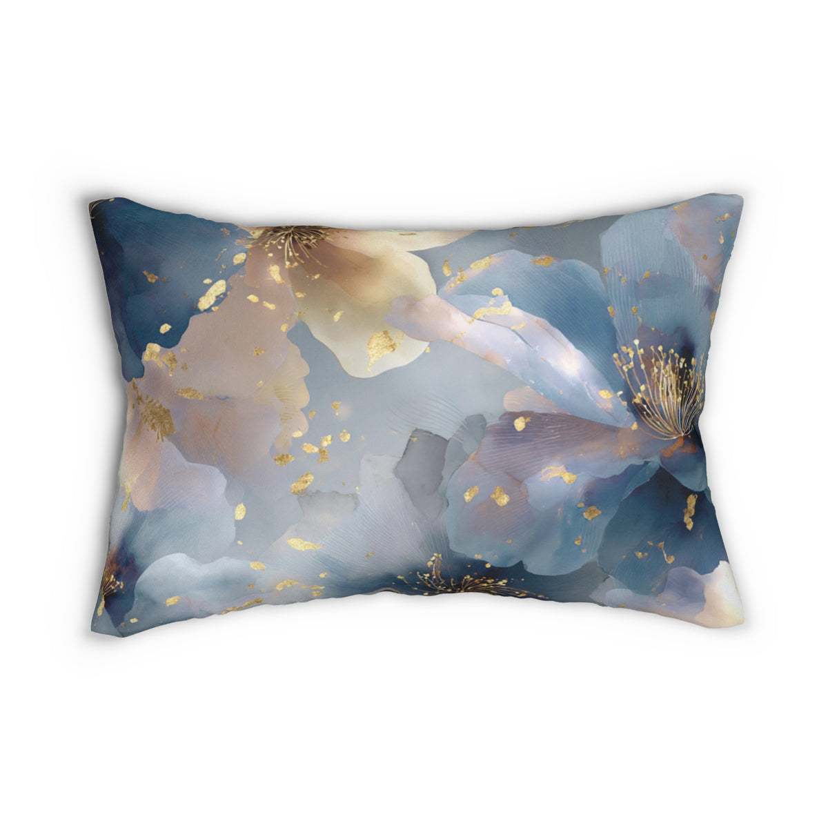 A decorative pillow with a floral pattern in shades of blue, gold, and white.