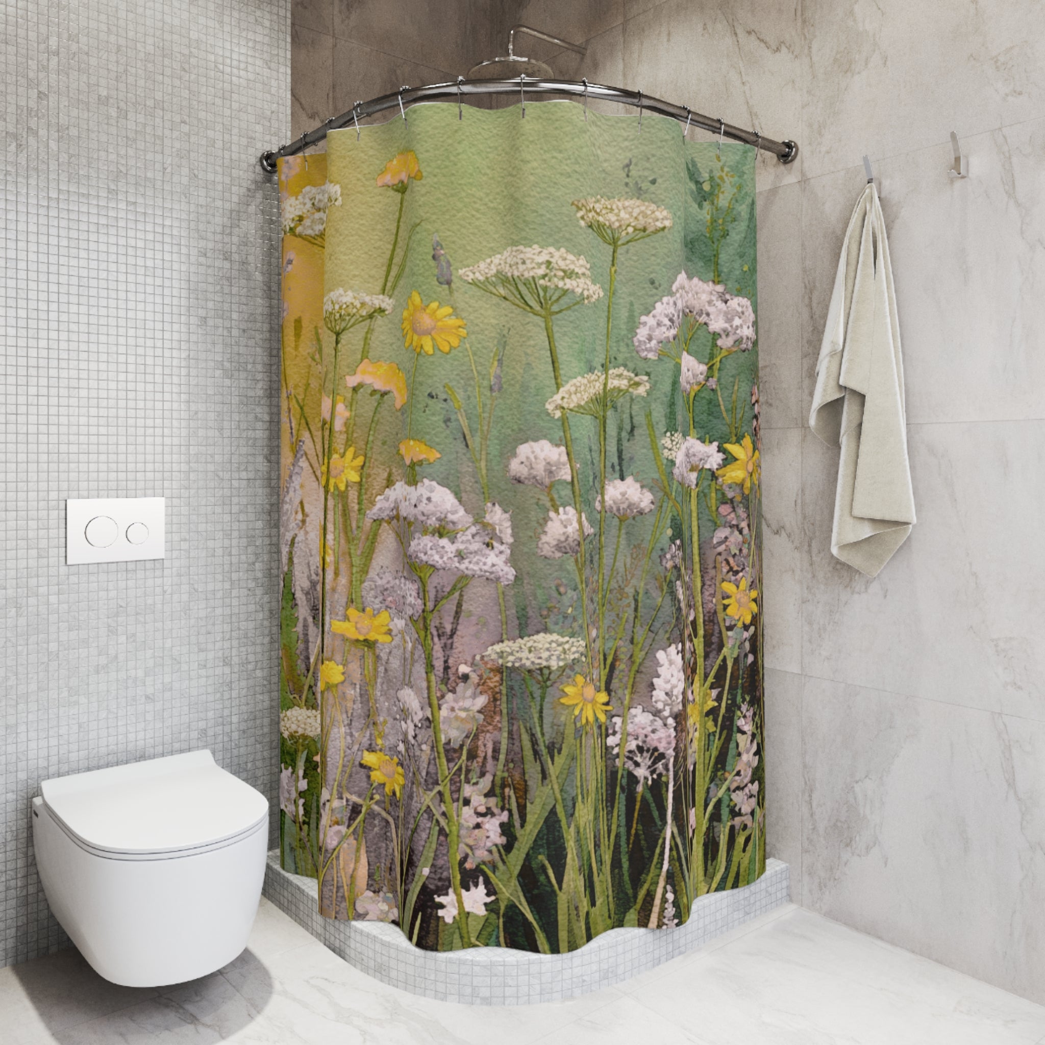 Abstract Floral Shower Curtain | Yellow Green Wildflowers Bathroom Decor