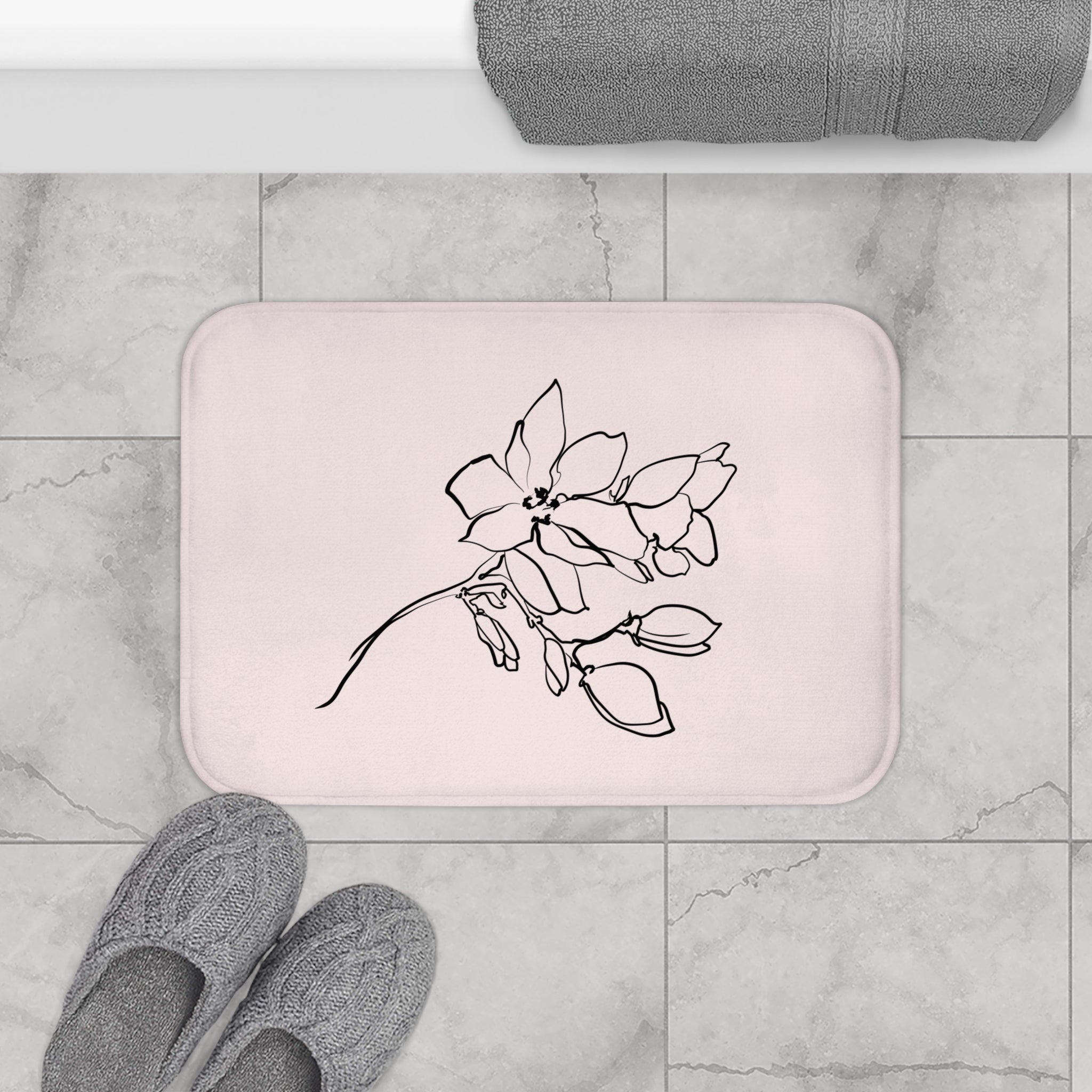 Floral Bath Mat | Pink Black Line Art Kitchen Mat