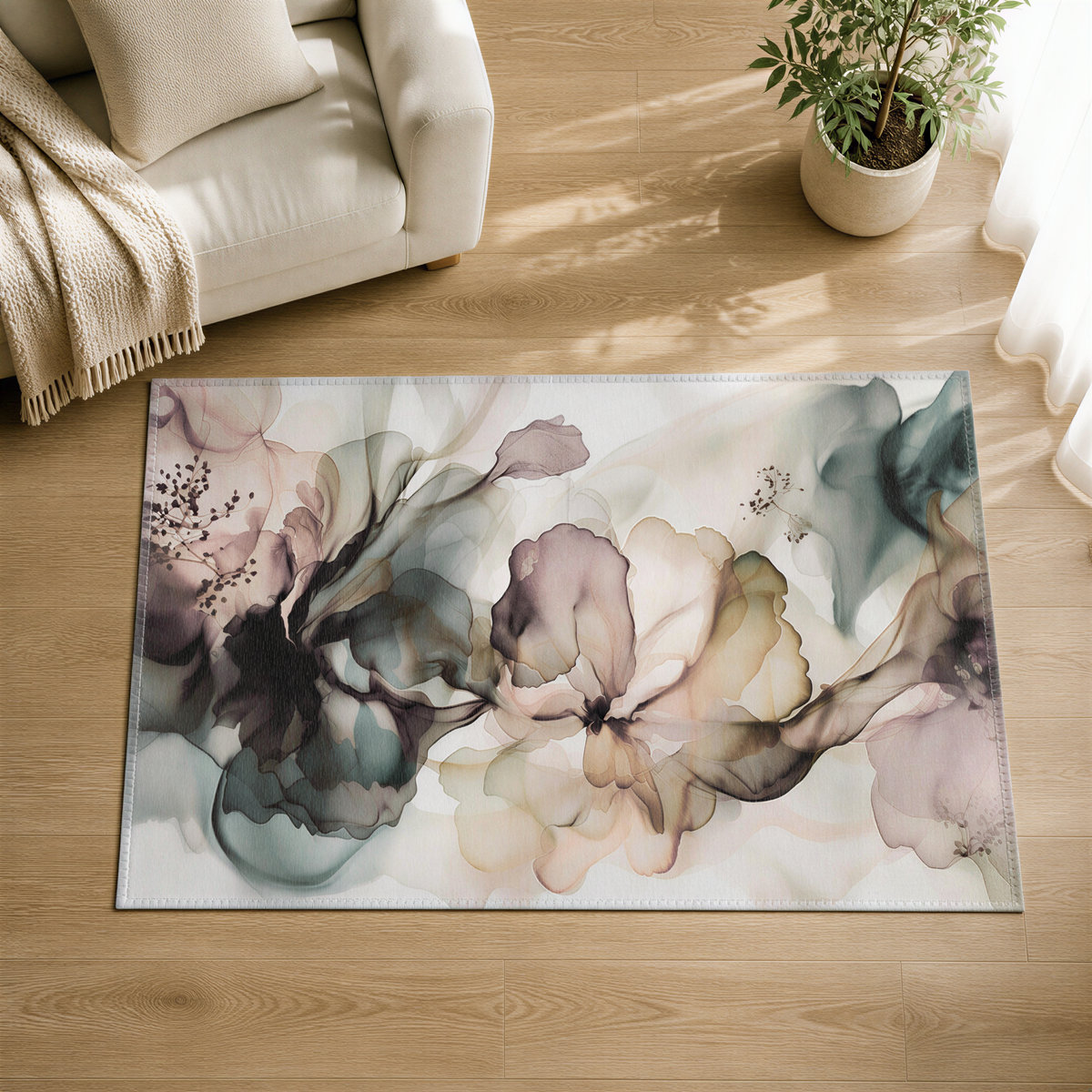 a large floral rug with a colorful abstract design, placed on a wooden floor in a living room setting.