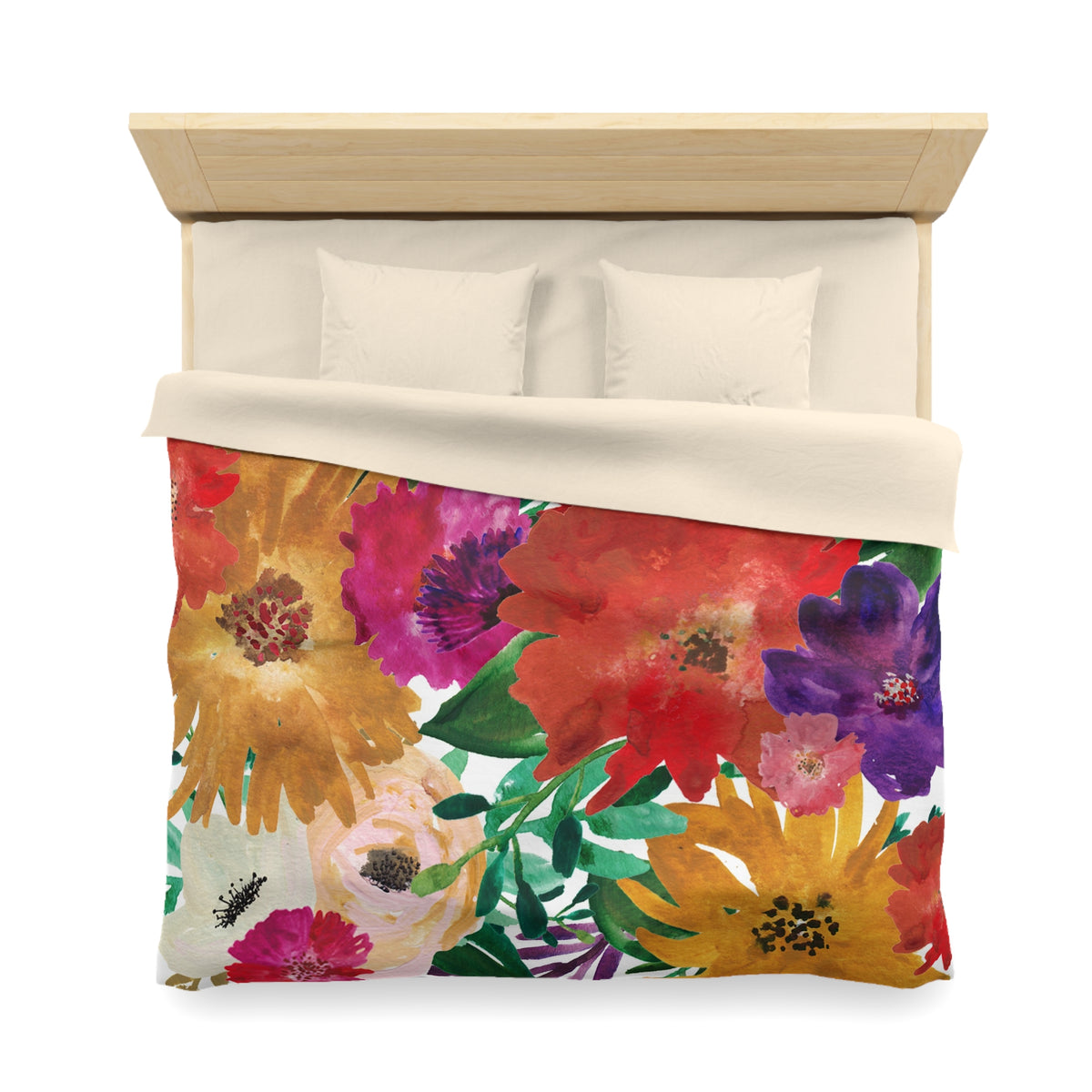 a bed with a colorful floral print duvet cover featuring a variety of flowers in different colors, including red, orange, yellow, and purple.