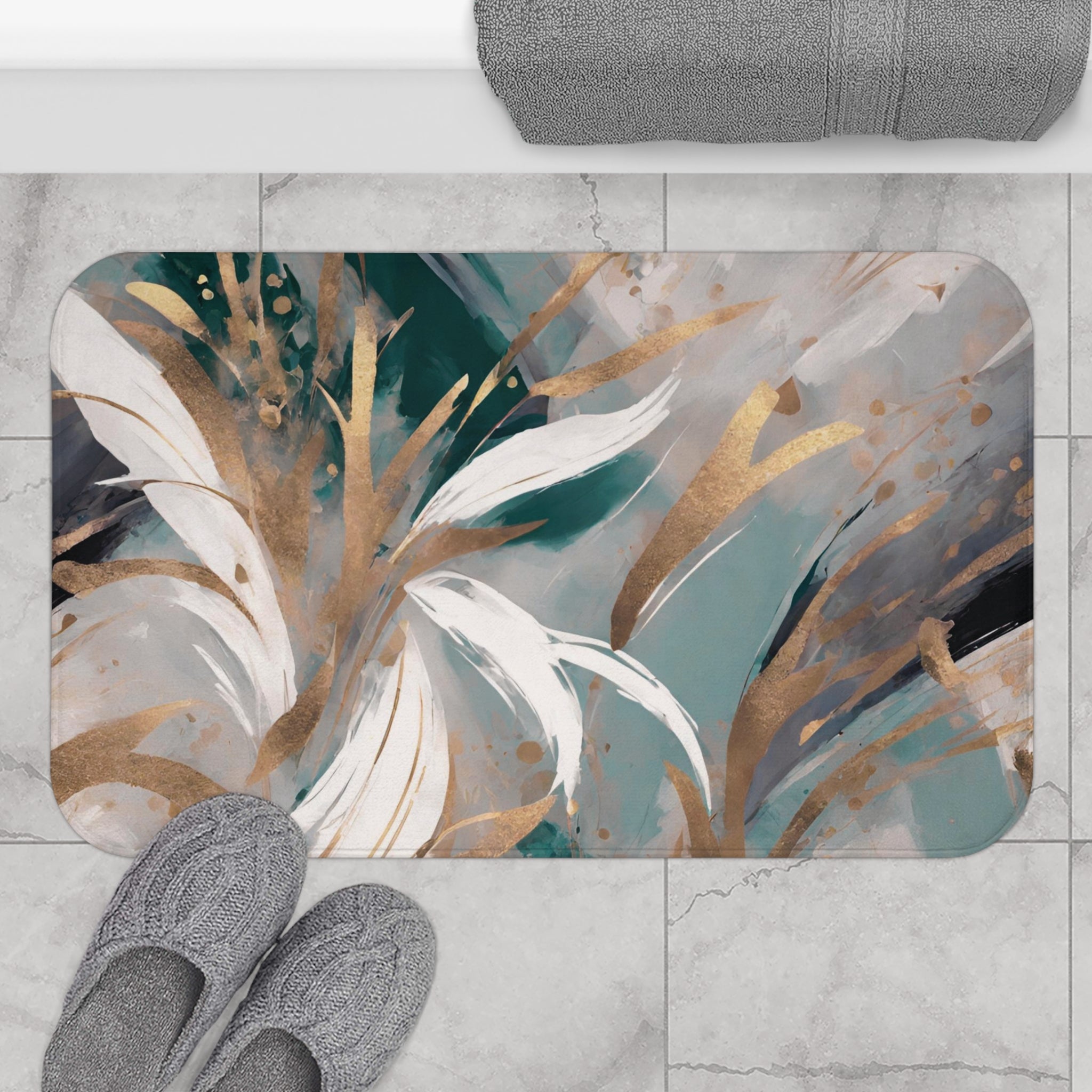 Boho Abstract Bath, Kitchen Floor Mat | Sage Green Muted Gold, Beige