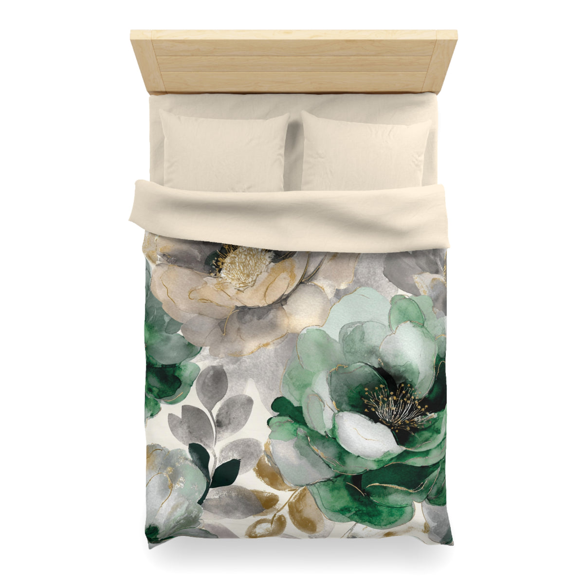 a bed with a floral print duvet cover featuring a combination of green and gray flowers, along with leaves. The duvet cover is spread out on the bed, and there are two pillows placed on top of it.