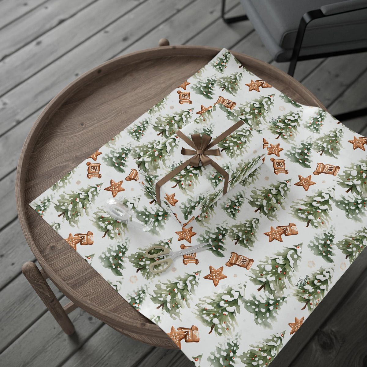 Snowy Pine Tree Gingerbread Christmas Wrapping Paper, Gift Wrap