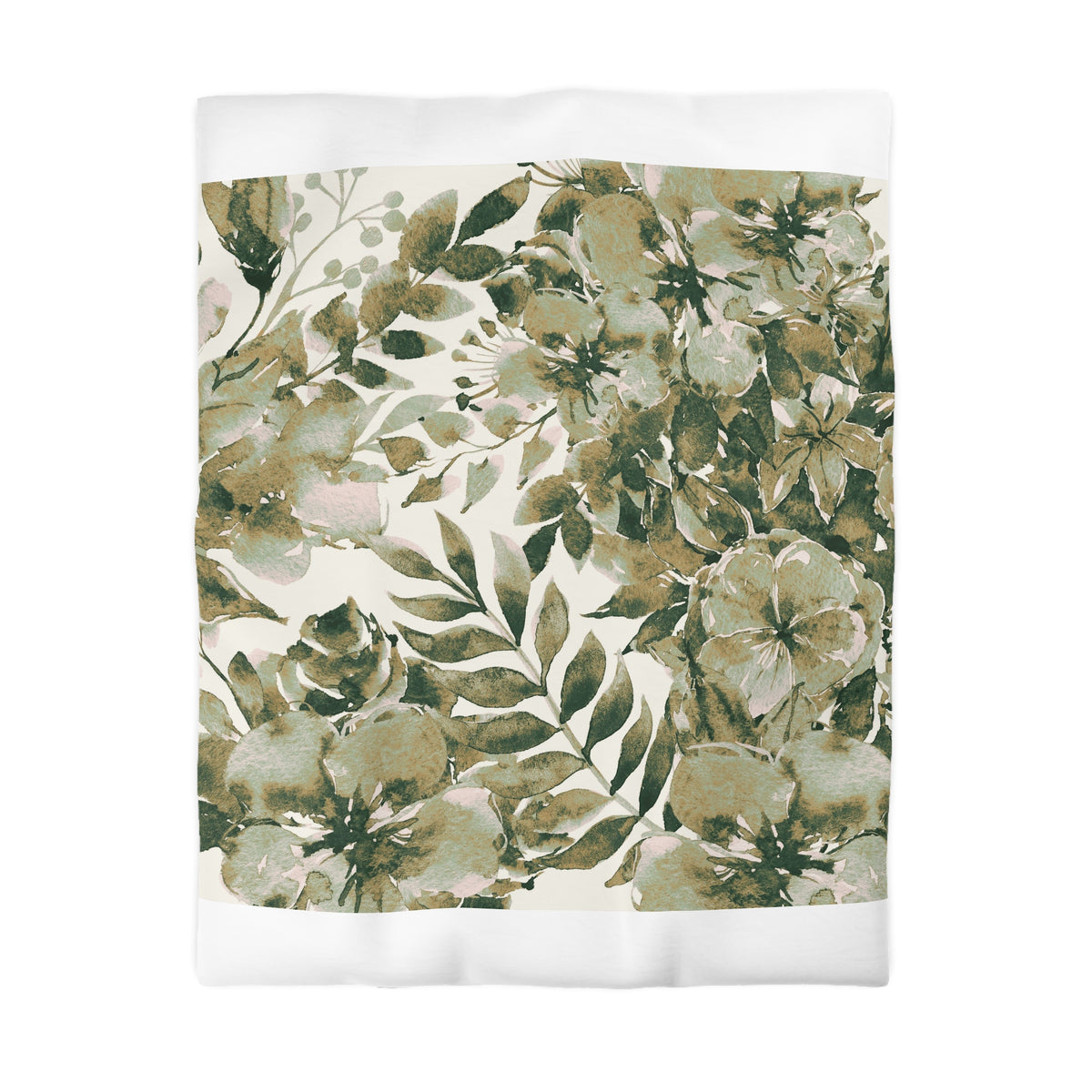 a floral pattern with various shades of green and brown leaves and flowers.