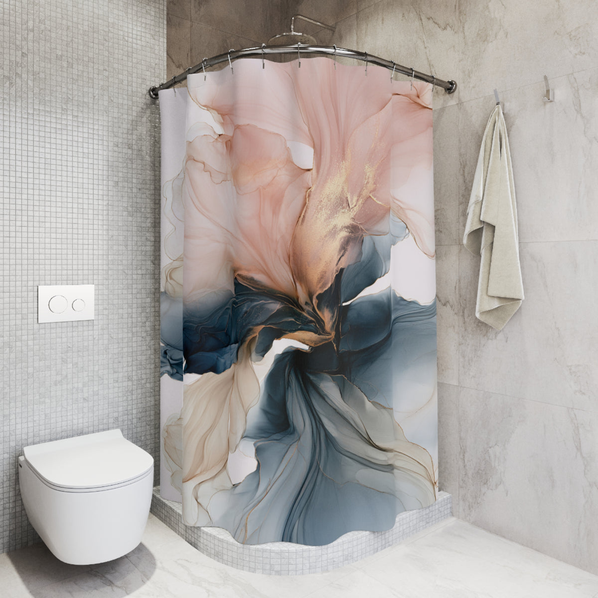a bathroom with a shower curtain featuring a floral design in shades of pink, blue, and green. The shower curtain is hanging from a rod, and there is a towel hanging on the wall next to it. The bathroom has a white toilet and a tiled wall.